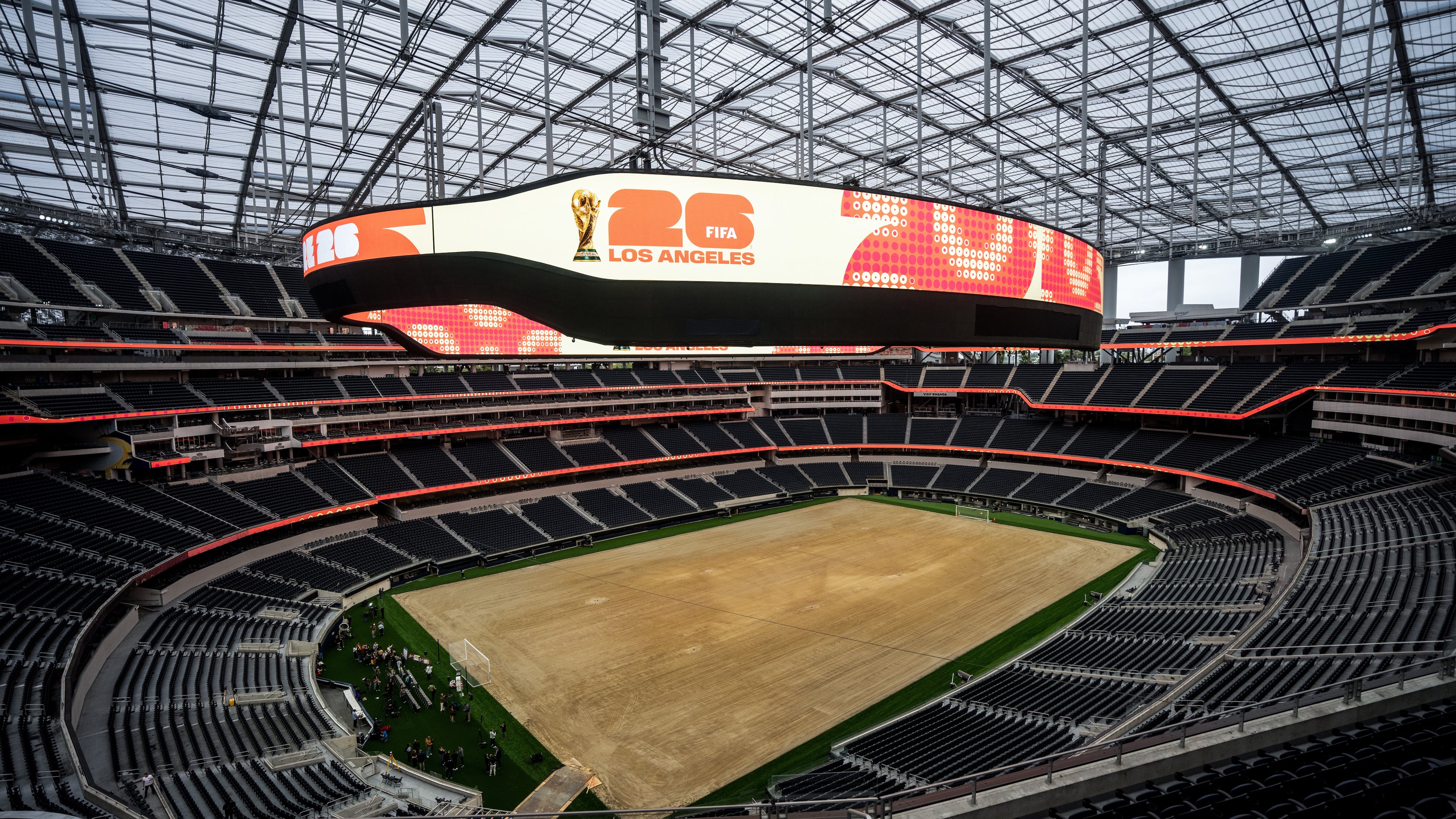 FILE - A general view shows SoFi Stadium in Inglewood, Calif., Tuesday, May 12, 2026, during a media event for the upcoming FIFA World Cup soccer tournament.. (AP Photo/Jae C. Hong,File)