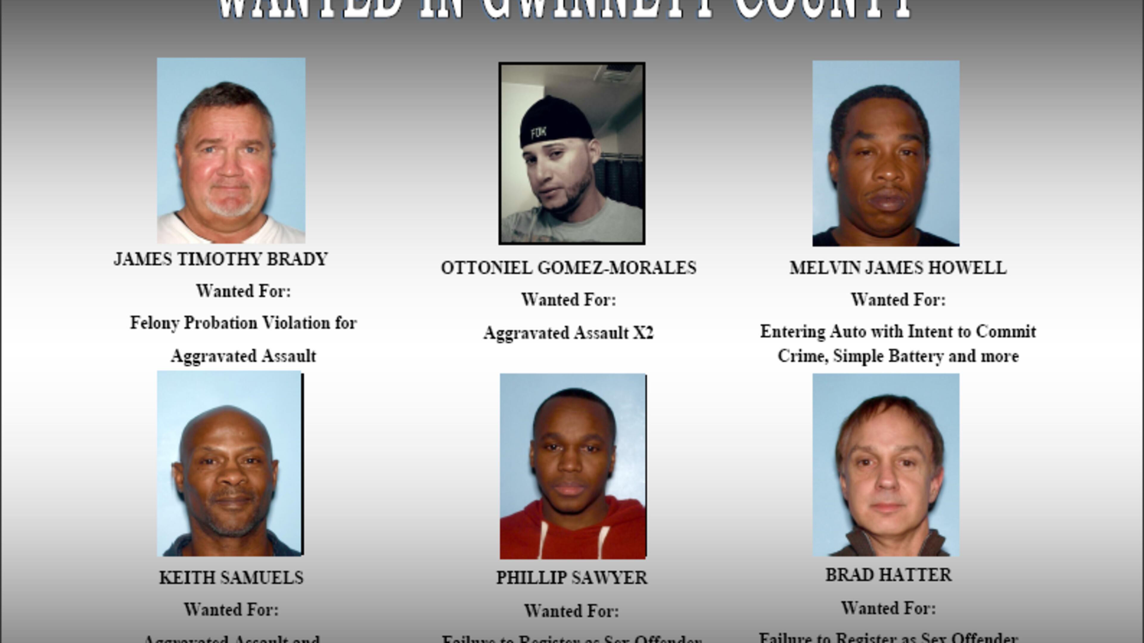 The Gwinnett County Sheriff's Office is searching for these six suspects with outstanding warrants.