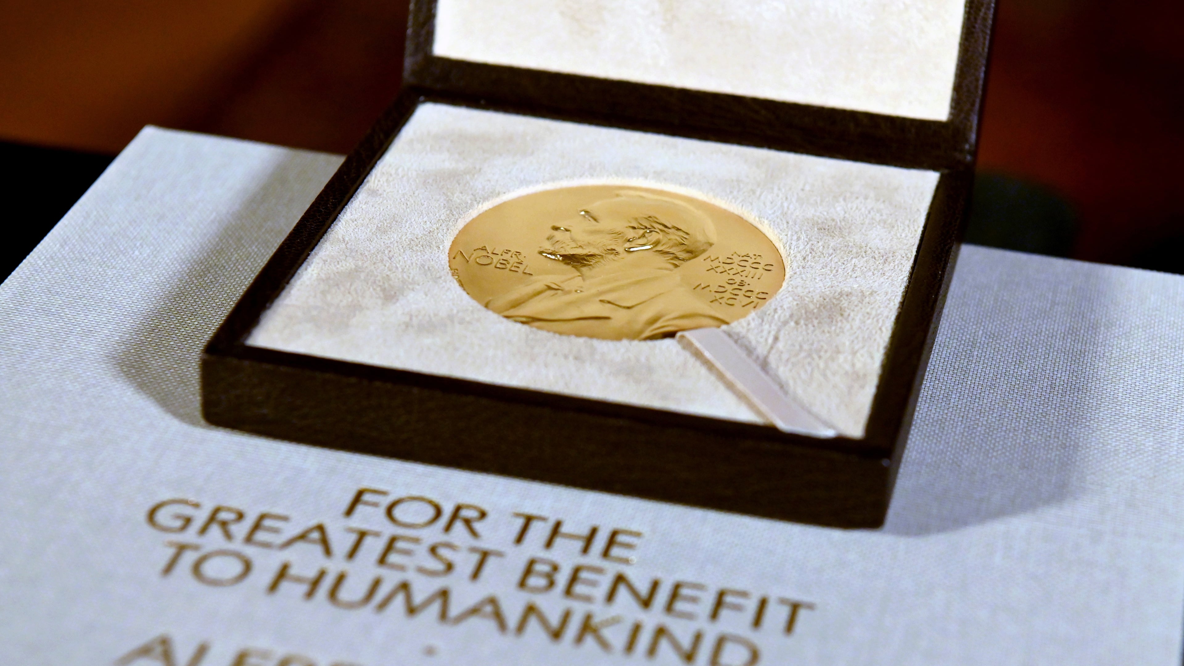FILE - A Nobel diploma and medal are displayed, Dec. 8, 2020, during a ceremony in New York. (Angela Weiss/Pool Photo via AP, File)