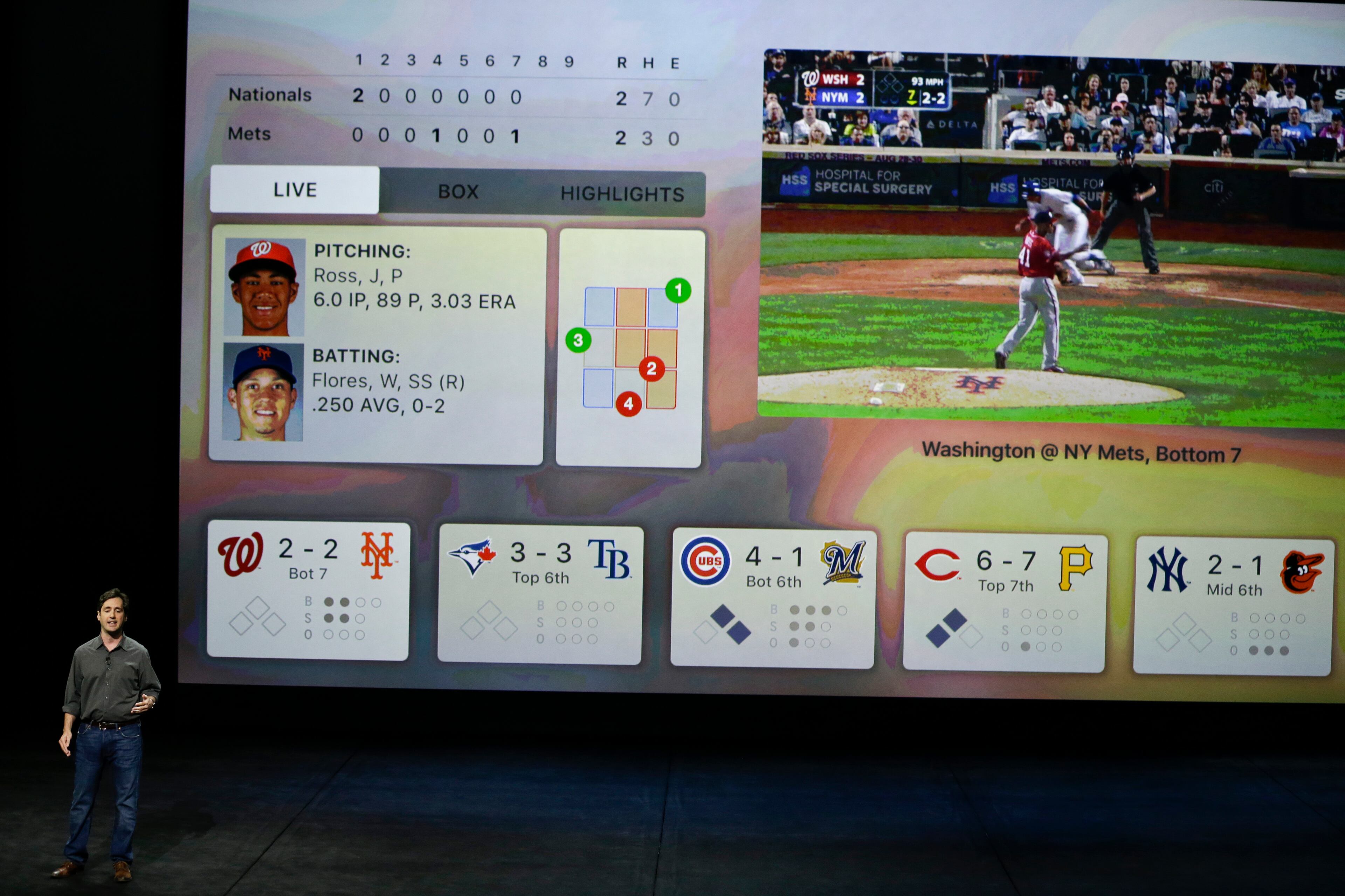 Chad Evans with MLB.com, discusses how apps like his will be made available on the Apple TV during the Apple event at the Bill Graham Civic Auditorium in San Francisco, Wednesday, Sept. 9, 2015. (AP Photo/Eric Risberg)