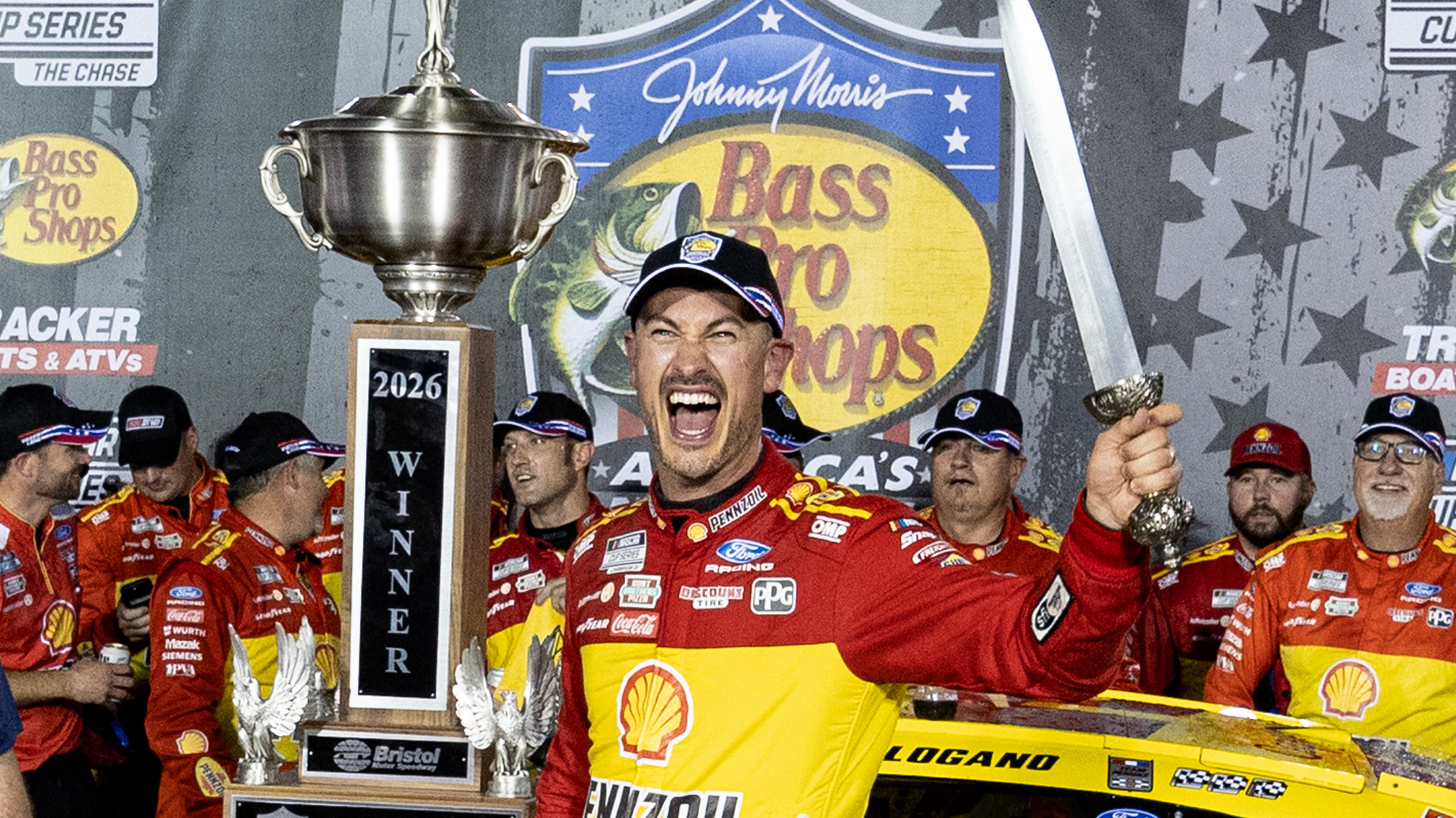 Joey Logano (22) celebrates after winning a NASCAR Cup Series auto race Saturday, Sept. 19, 2026, in Bristol, Tenn. (AP Photo/Wade Payne)