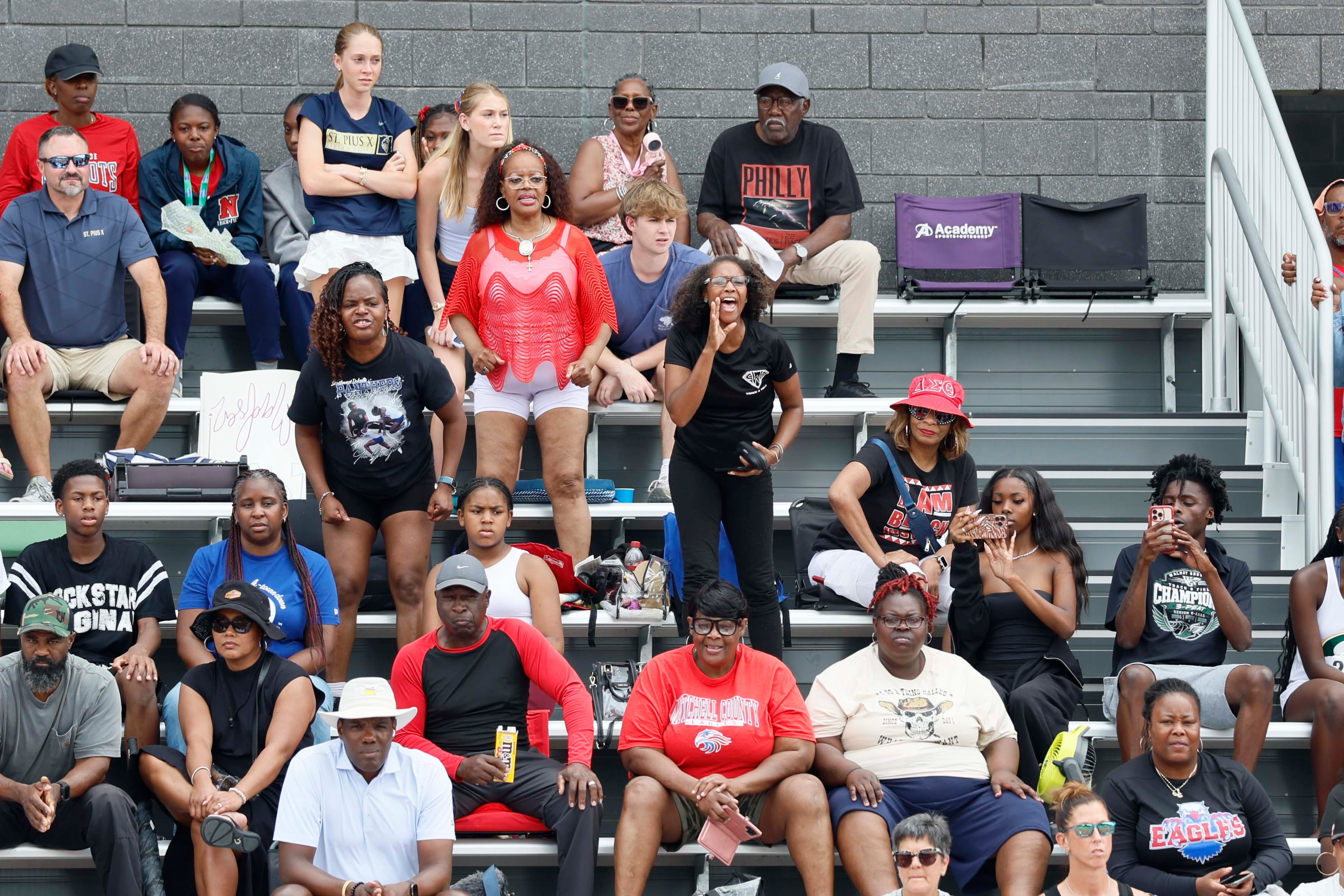 Supporters of the athletes are seen cheering at the GHSA track and field state championship at UGA Spec Towns Track on Monday, May 11, 2026, in Athens.
(Miguel Martinez/AJC)