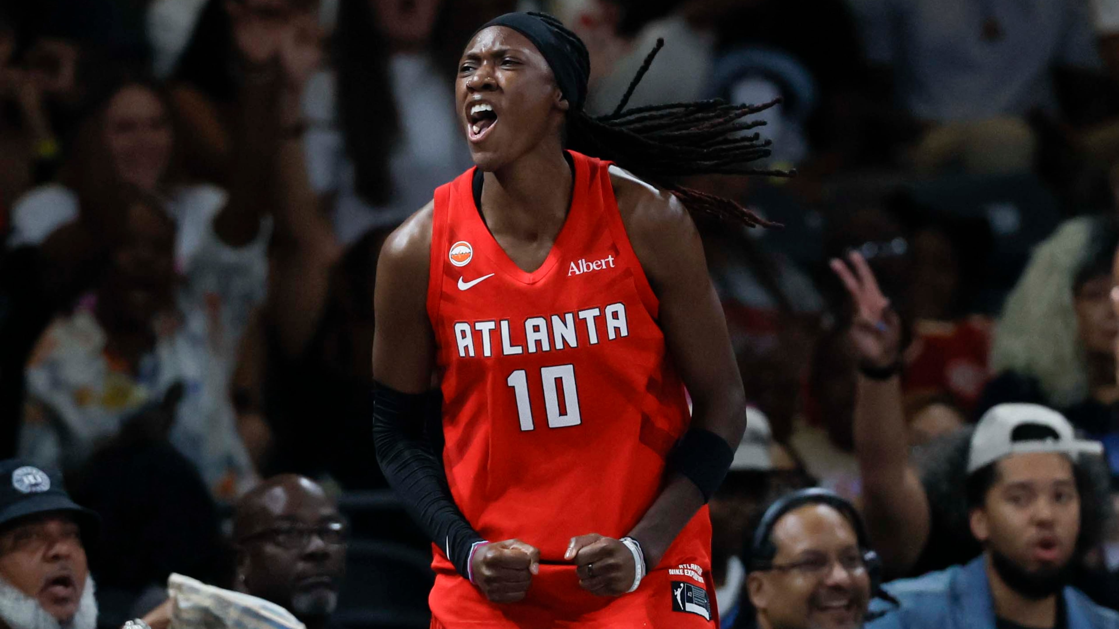 Dream guard Rhyne Howard (10) reacts after a 3-pointer in the second half against the Lynx on Sunday, Aug. 30, 2026, at Gateway Center Arena in Atlanta. Howard scored 16 points, and Atlanta won 89-81. (Miguel Martinez/AJC)