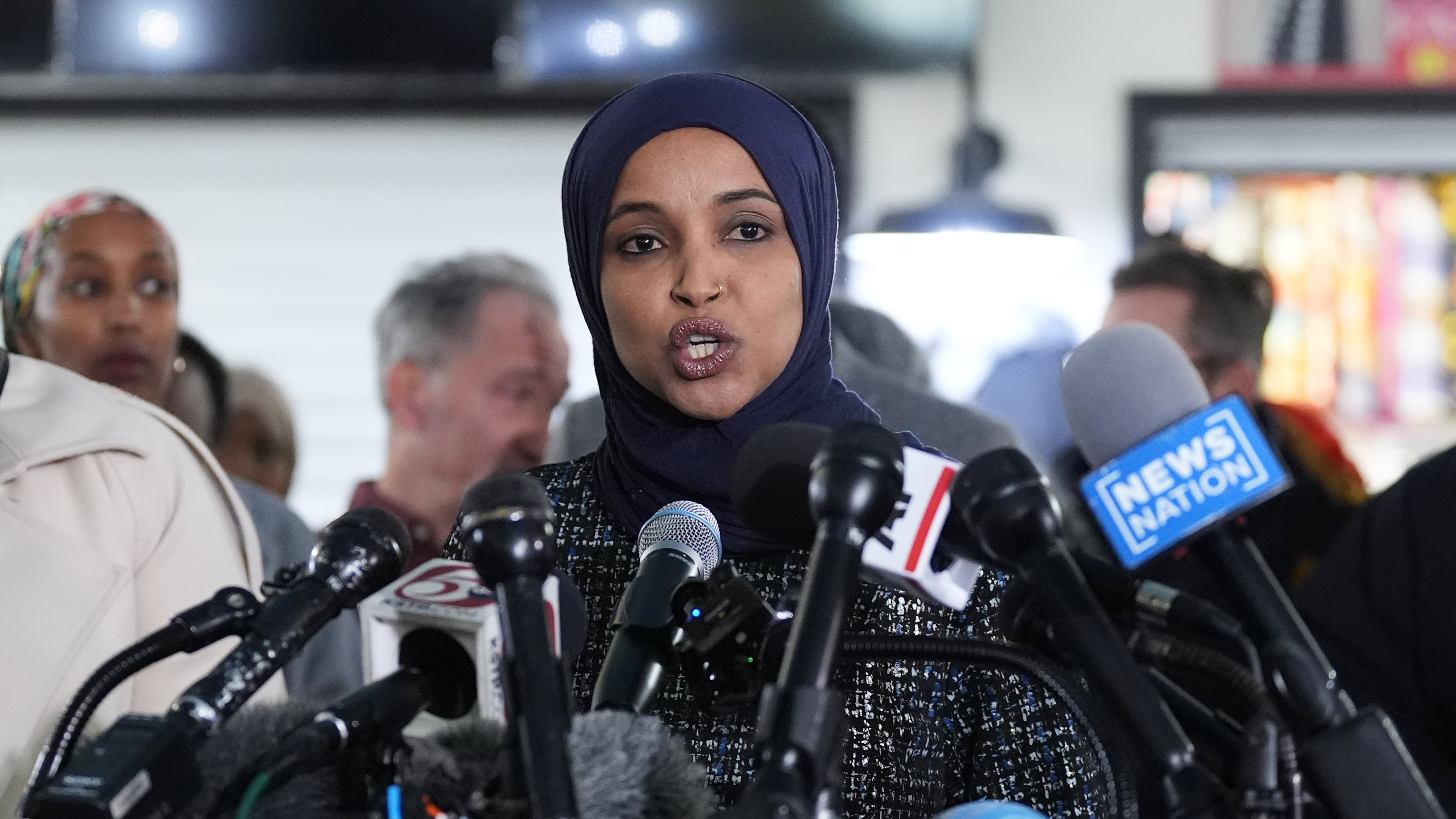 Rep. Ilhan Omar, D-Minn., speaks during a press conference on Wednesday, Jan. 28, 2026, in Minneapolis. (AP Photo/Adam Gray)