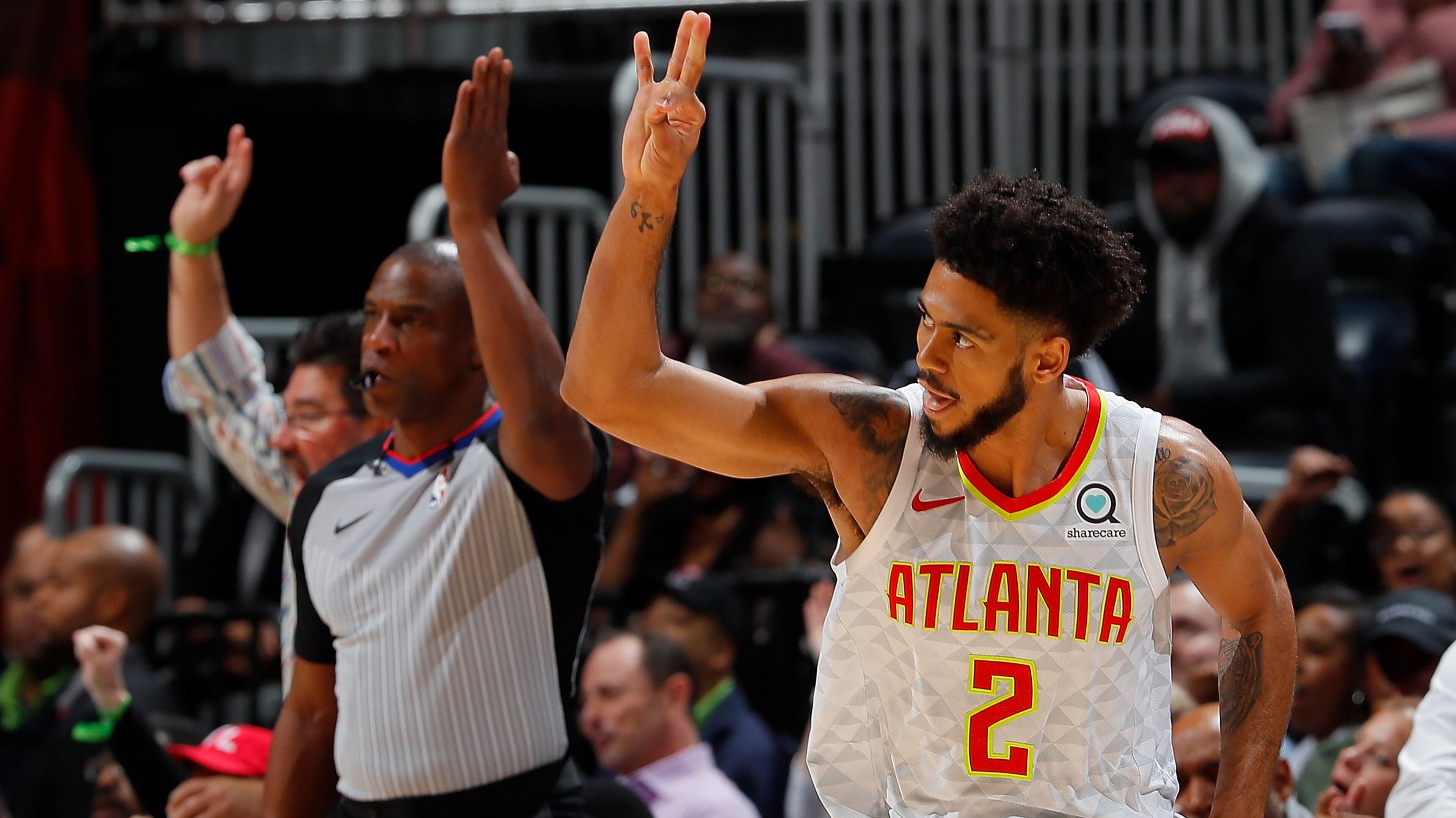 Tyler Dorsey of the Atlanta Hawks reacts after hitting a 3-point basket against the Brooklyn Nets at Philips Arena on January 12, 2018 in Atlanta, Georgia. (Photo by Kevin C. Cox/Getty Images)