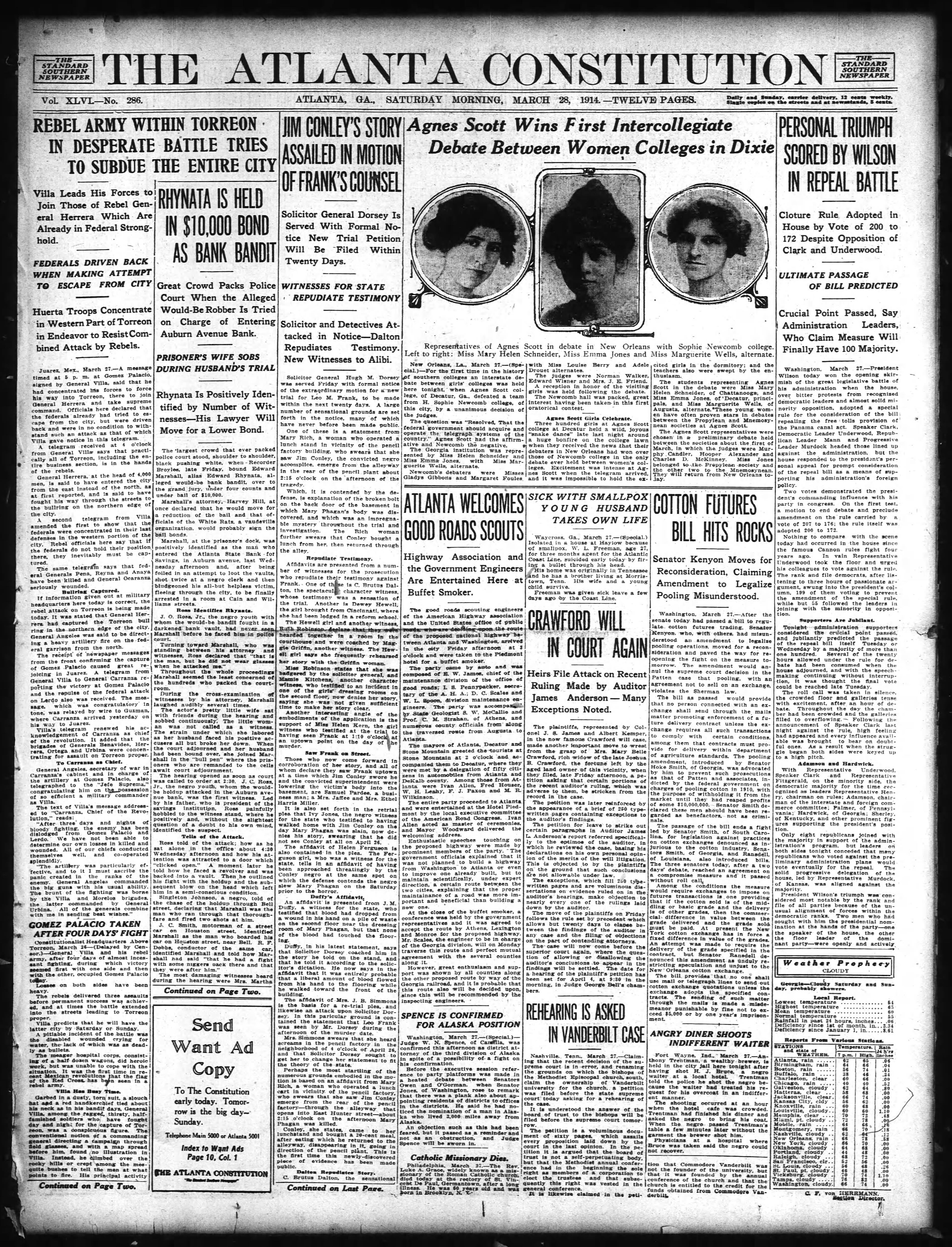 The Atlanta Constitution front page on March 28, 1914.