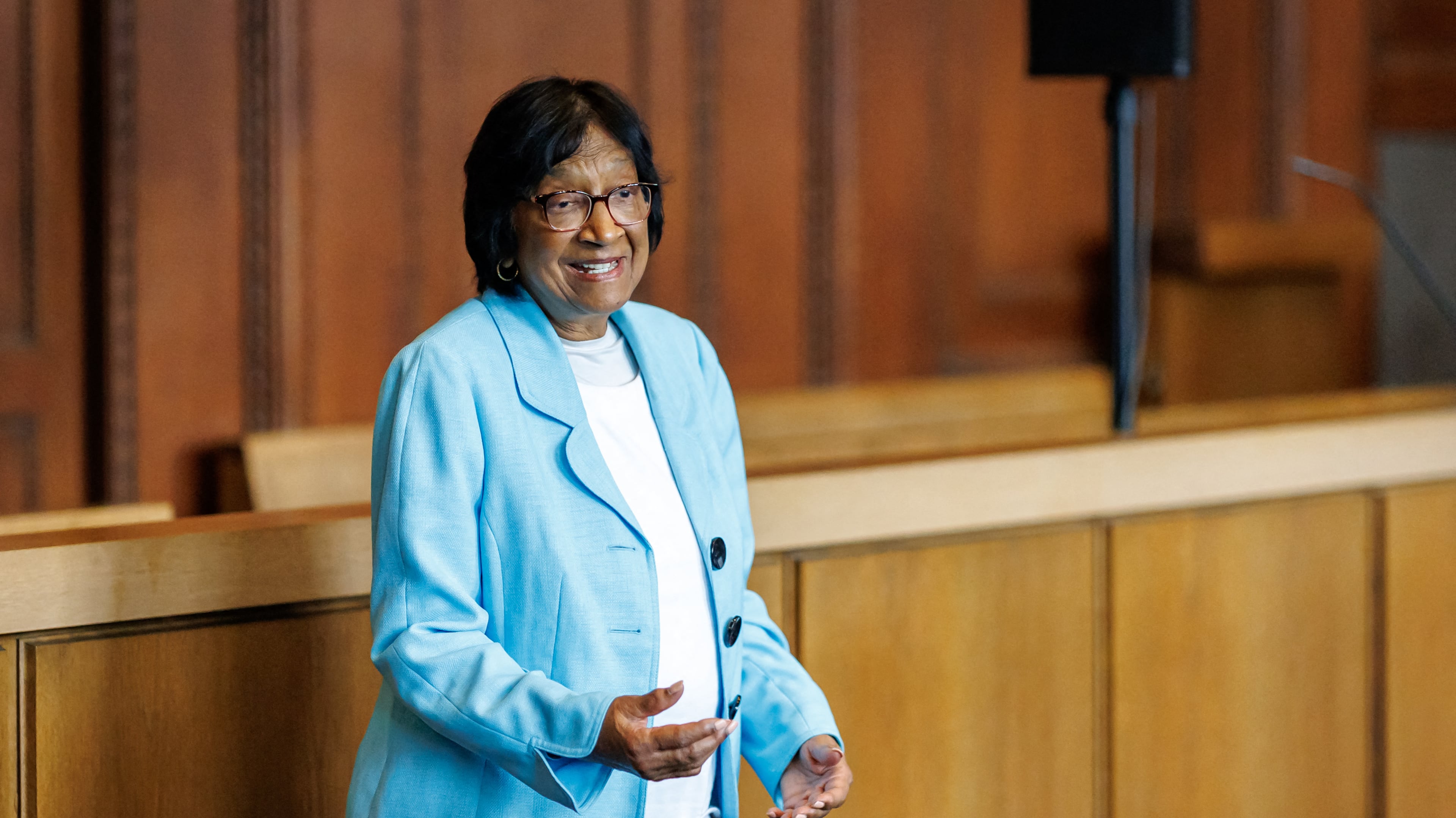South African-born jurist and former U.N. human rights chief Navanethem "Navi" Pillay, speaks at the Nuremberg Forum in Nuremberg, Germany, Friday, Oct. 9, 2026, following the announcement that she had been awarded the 2026 Nobel Peace Prize. (Daniel Karmann/dpa via AP)