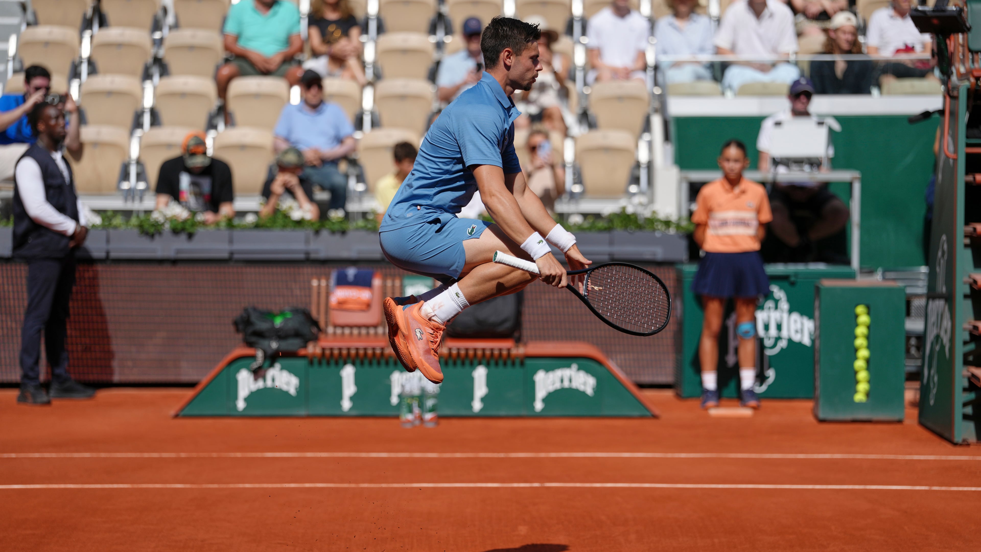 Arthur Gea of France warms up before the first round men's singles tennis match against Karen Khachanov of Russia at the French Open tennis tournament in Paris, Sunday, May 24, 2026. (AP Photo/Aurelien Morissard)