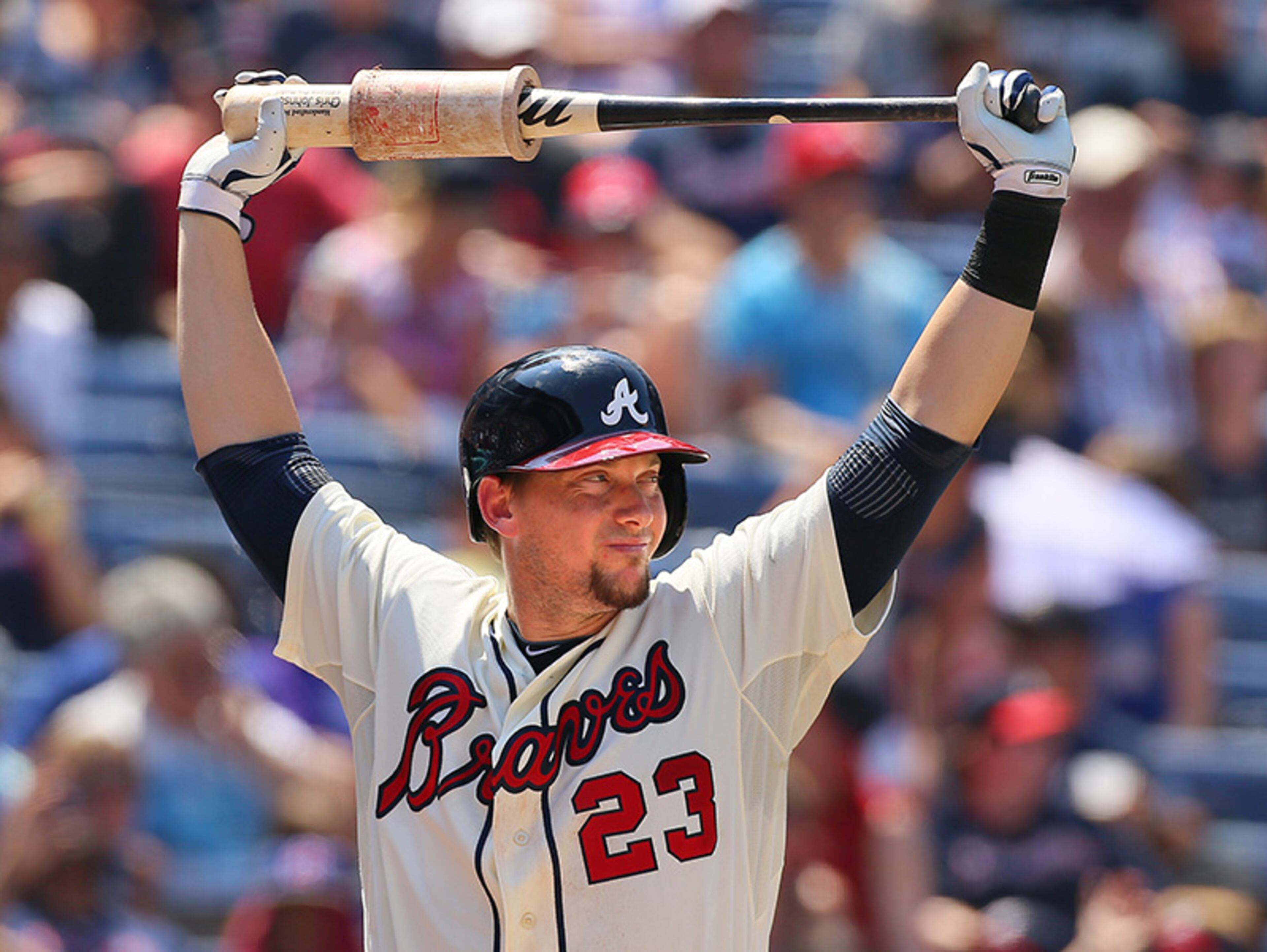 Braves third baseman Chris Johnson finished the regular season as one of the Braves' most valuable players. He had a .321 batting average, good for second place in the National League.