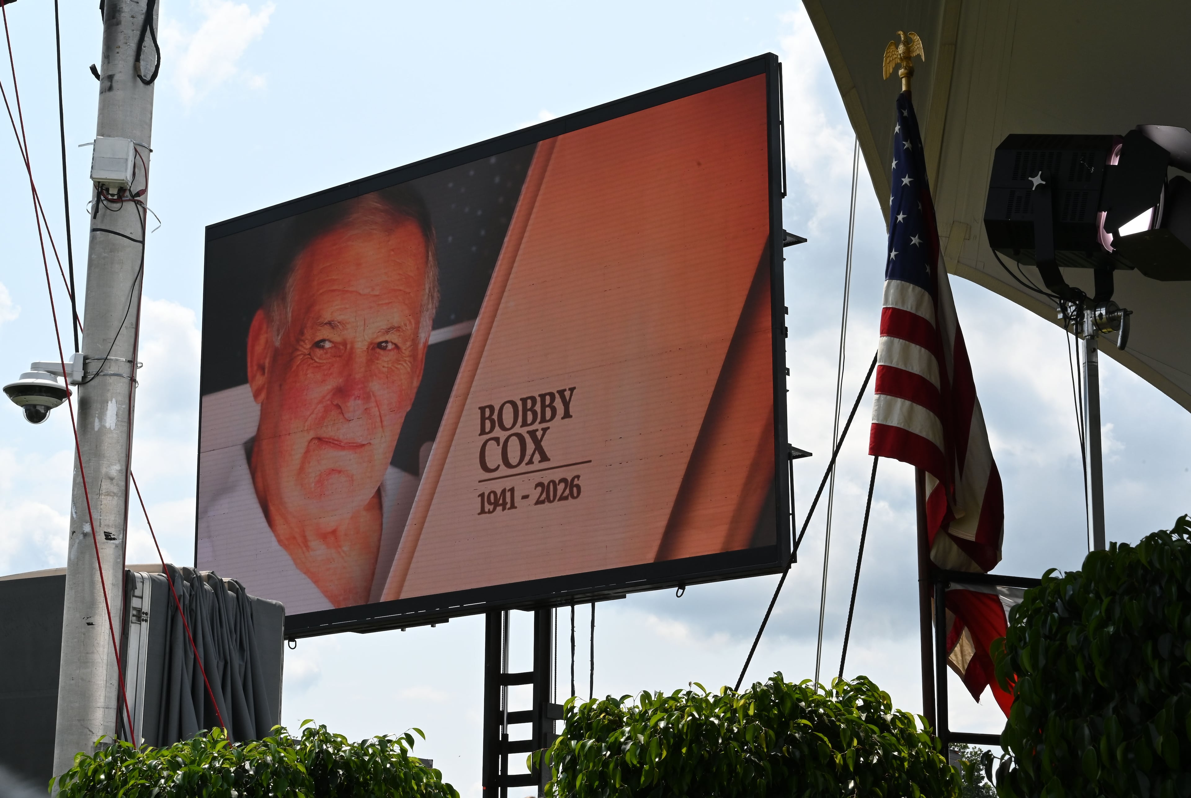 Former Braves manager Bobby Cox is honored during the 2026 National Baseball Hall of Fame Induction Ceremony at the Clark Sports Center on Sunday, July 26, 2026, in Cooperstown, N.Y. Braves centerfielder Andruw Jones is set for induction into the National Baseball Hall of Fame as part of the Class of 2026, alongside Carlos Beltrán and Jeff Kent. (Hyosub Shin/AJC)