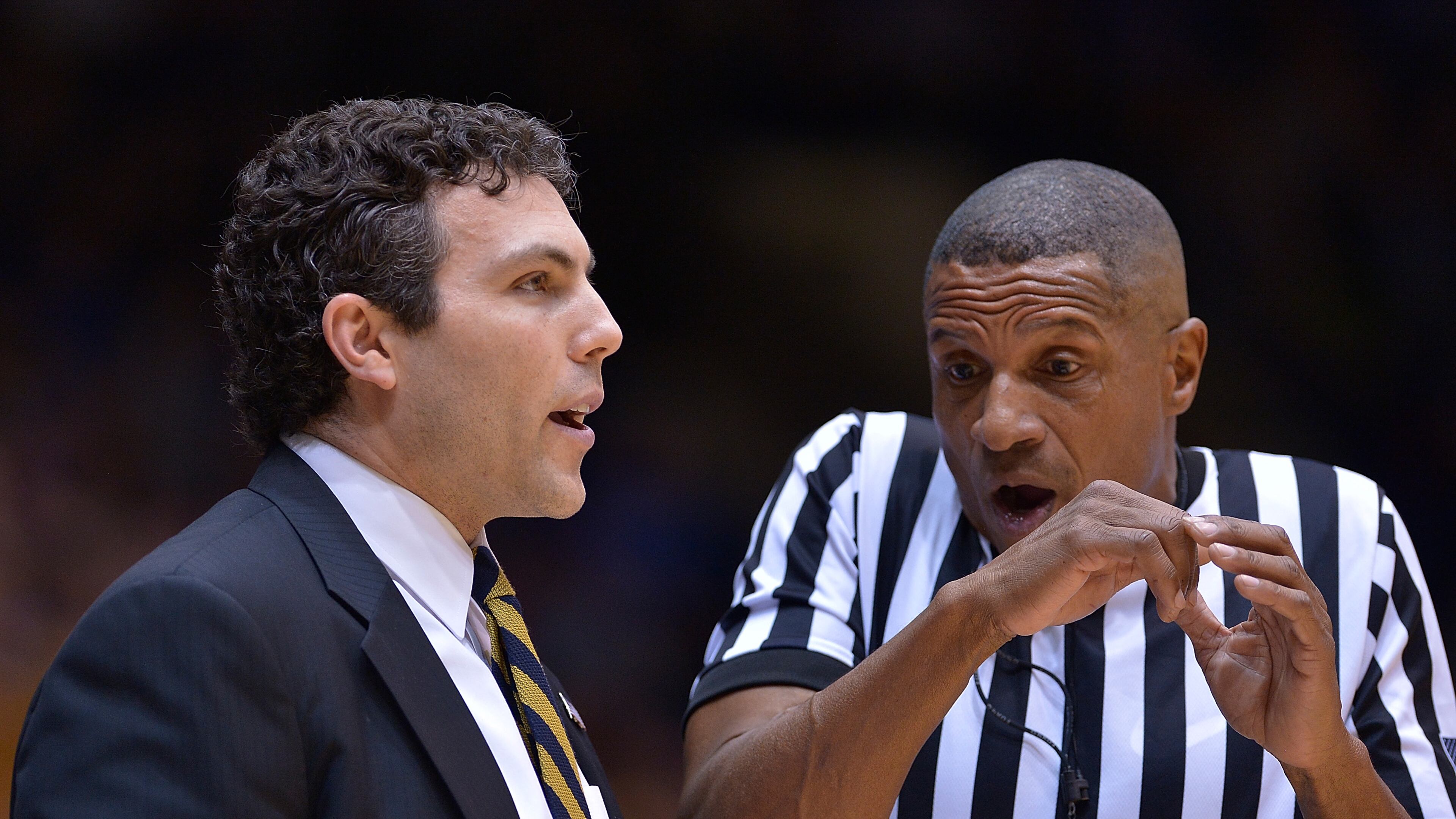 Head coach Josh Pastner of the Georgia Tech Yellow Jackets talks with official Ted Valentine during the game against the Duke Blue Devils at Cameron Indoor Stadium on January 4, 2017 in Durham, North Carolina. (Photo by Grant Halverson/Getty Images)