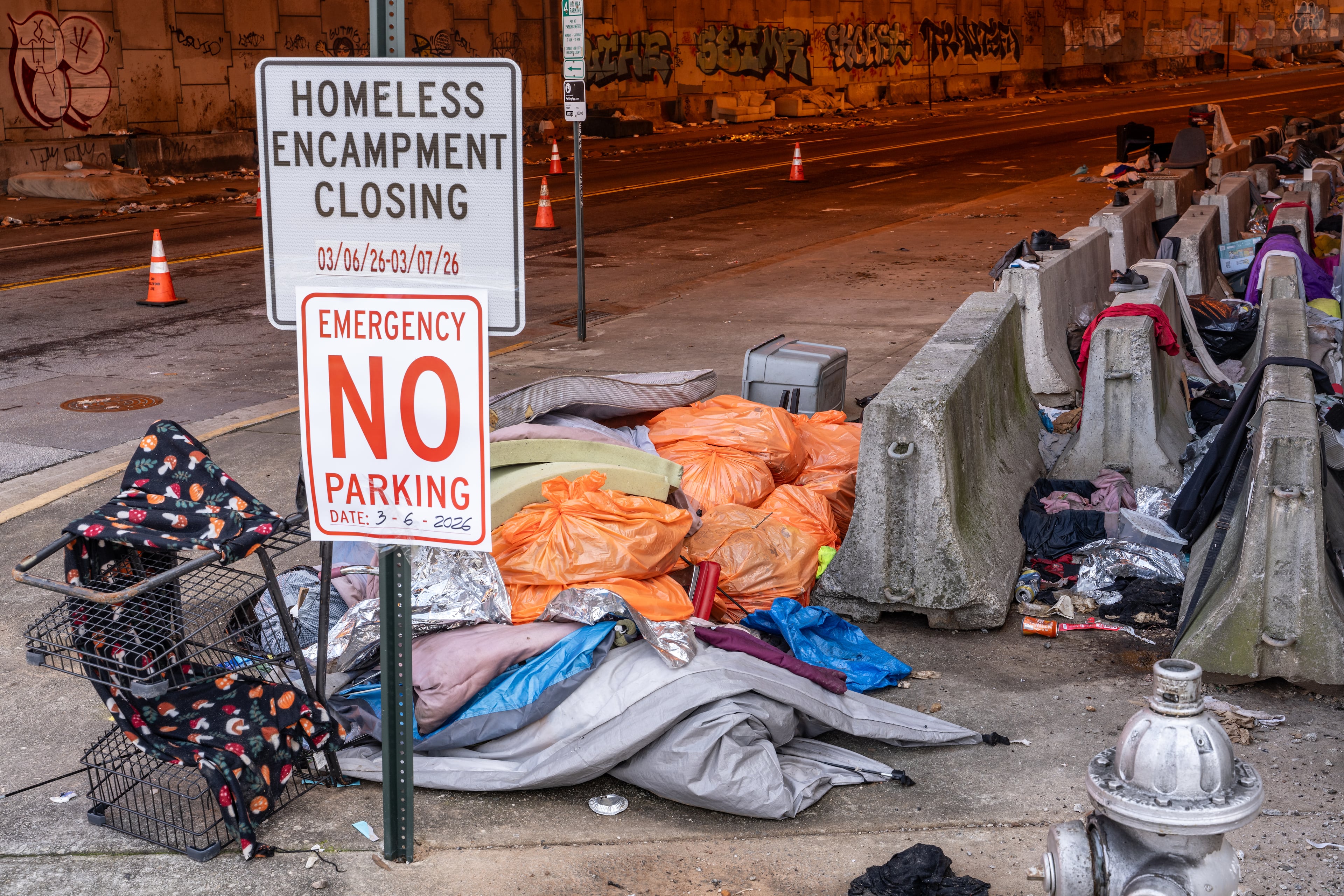 An area around a homeless encampment that runs along Leonard Tate Street under Interstate 85 in downtown Atlanta, Georgia, on Friday, March 6, 2026. (Ben Hendren for the AJC)