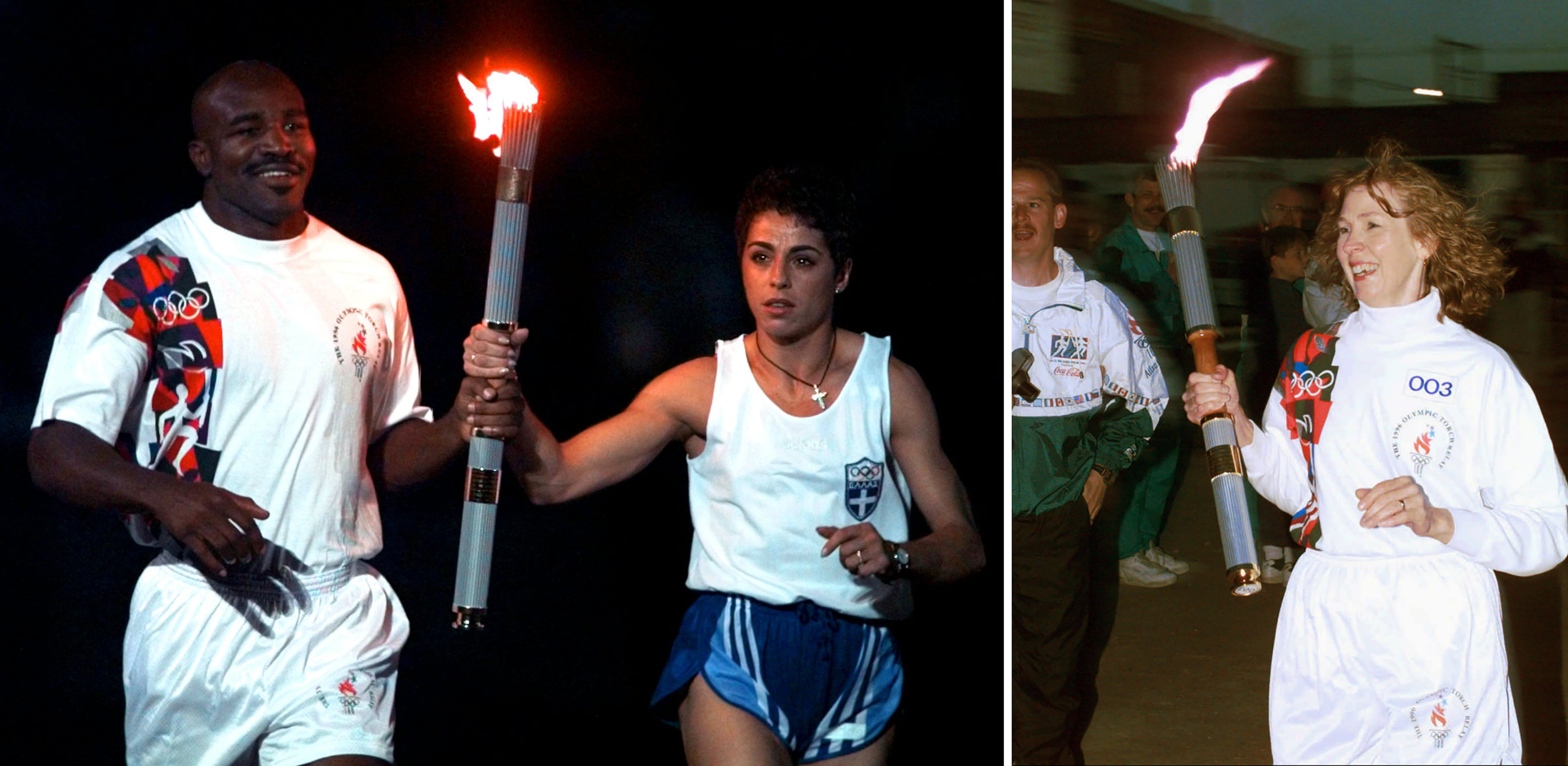 Evander Holyfield (left) carries the Olympic flame with Voula Patoulidou of Greece during the 1996 Summer Olympic Games opening ceremonies in Atlanta, Friday, July 19, 1996. At right, Ellen McGee, chosen as a "community hero" for adopting 11 kids with special needs, runs the Olympic Torch through the streets of Cheyenne, Wyoming, early Sunday morning, May 12 (Mother's Day). (Eric Draper/AP; Michael Pugh for the AJC)