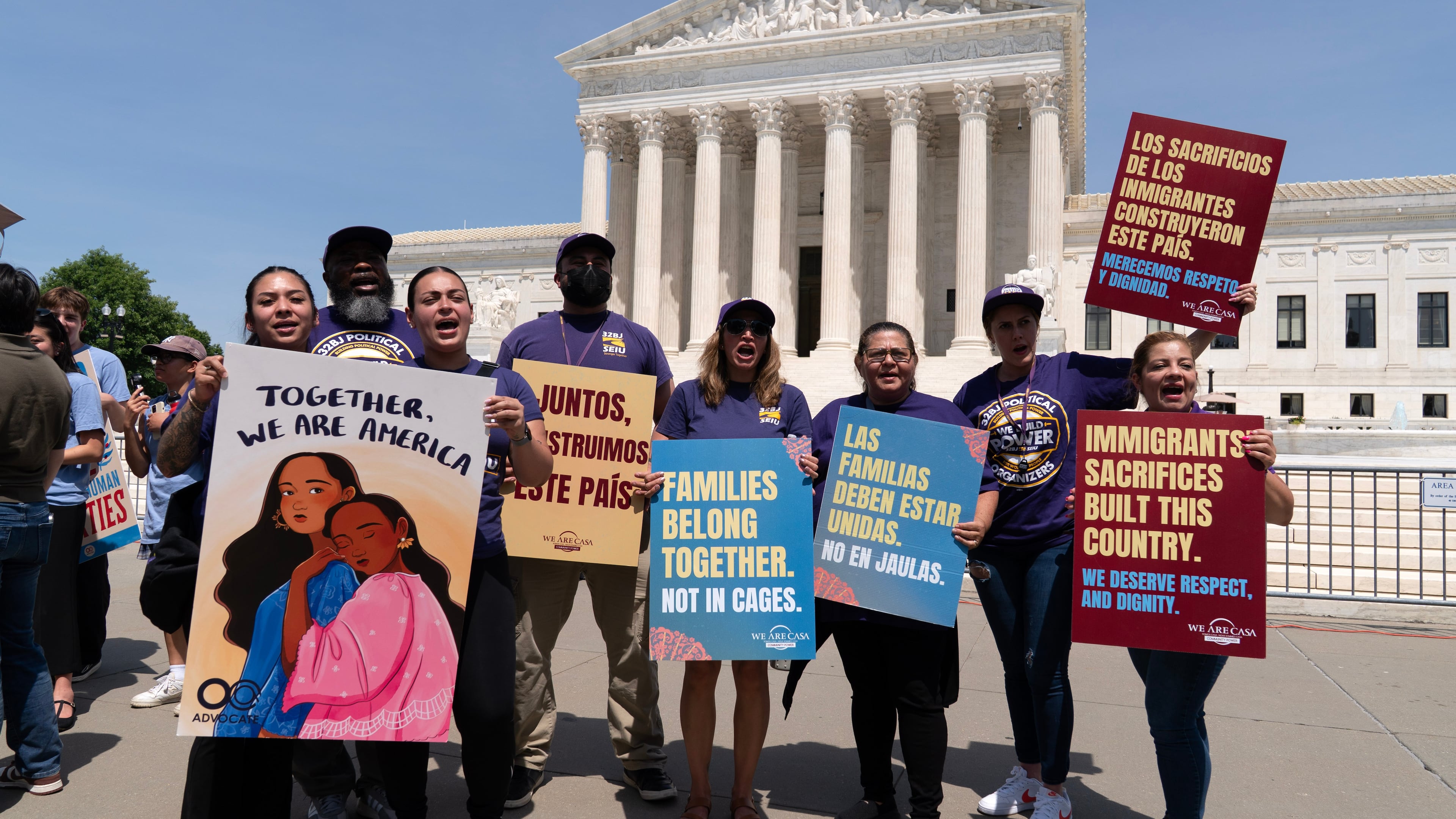 Activists celebrate the Supreme Court's birthright citizenship ruling outside of the Supreme Court on Capitol Hill, Tuesday, June 30, 2026, in Washington. (AP Photo/Jose Luis Magana)