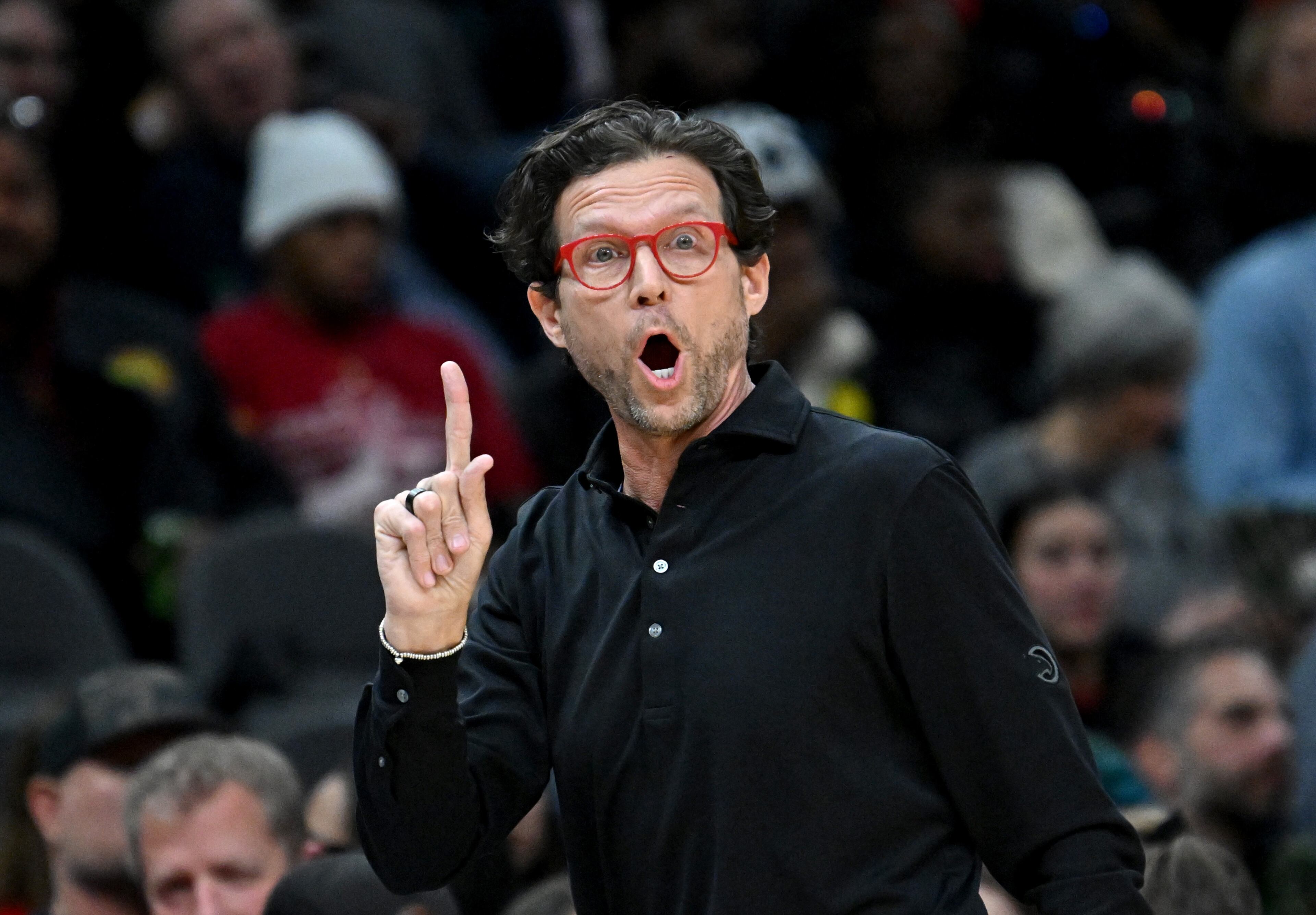 Atlanta Hawks head coach Quin Snyder shouts instructions during the first half in an NBA basketball game at State Farm Arena, Wednesday, December 3, 2024, in Atlanta. (Hyosub Shin / Hyosub.Shin@ajc.com)