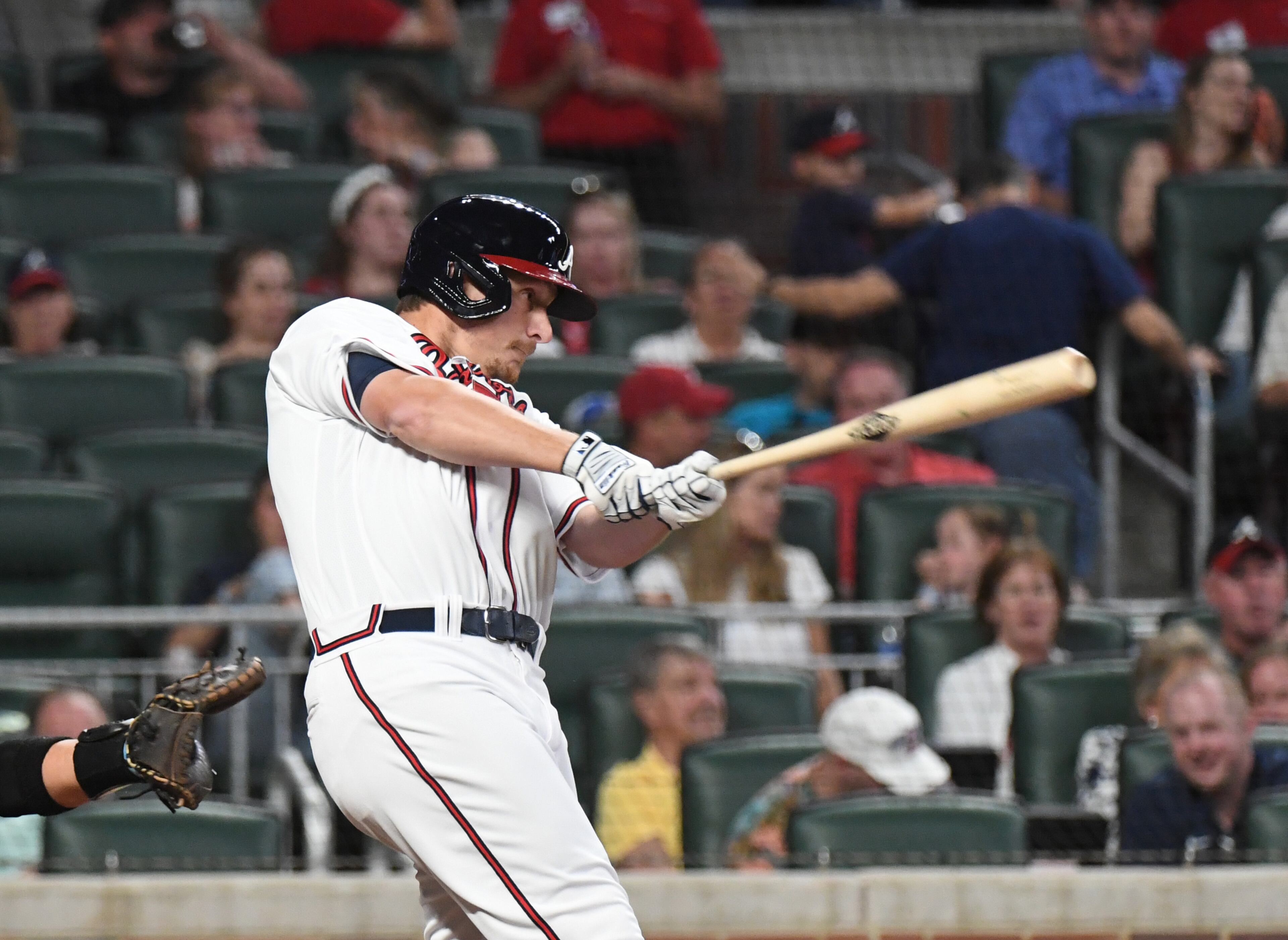 Atlanta Braves' left fielder Alex Dickerson (25) hits a 2-run home run in the 4th inning at Truist Park on Saturday, April 23, 2022. (Hyosub Shin / Hyosub.Shin@ajc.com)