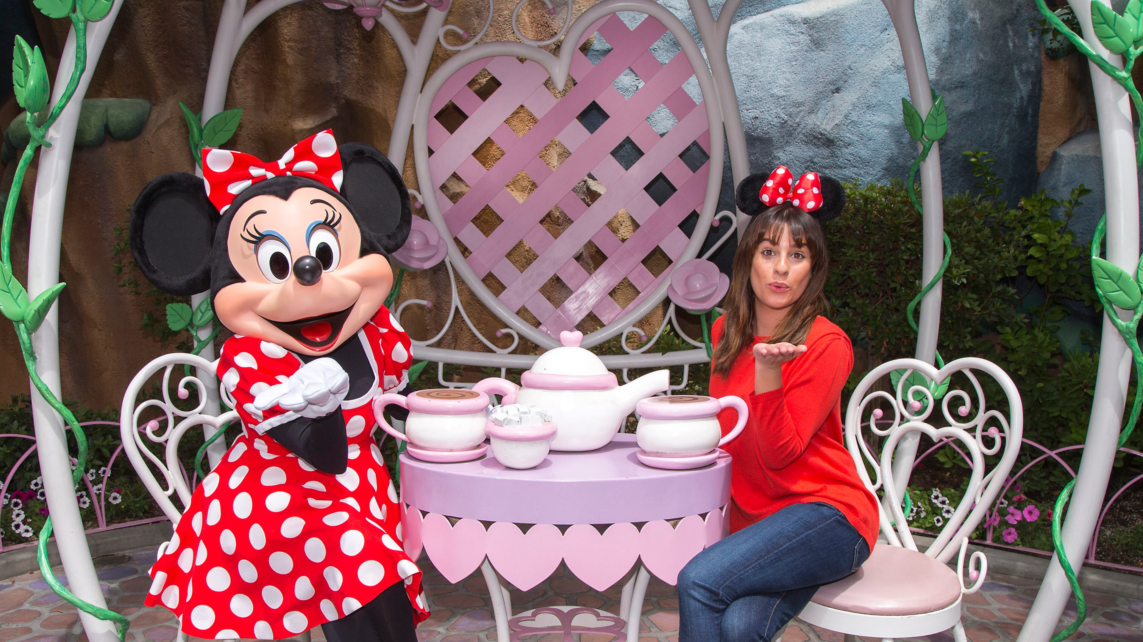 ANAHEIM, CA - MAY 14: In this handout photo provided by Disney Parks, actress Lea Michele dons Minnie ears on a visit to Minnie Mouse's house in Mickey's Toontown May 14, 2015 at Disneyland park in Anaheim, California. (Photo by Paul Hiffmeyer/Disneyland Parks via Getty Images)
