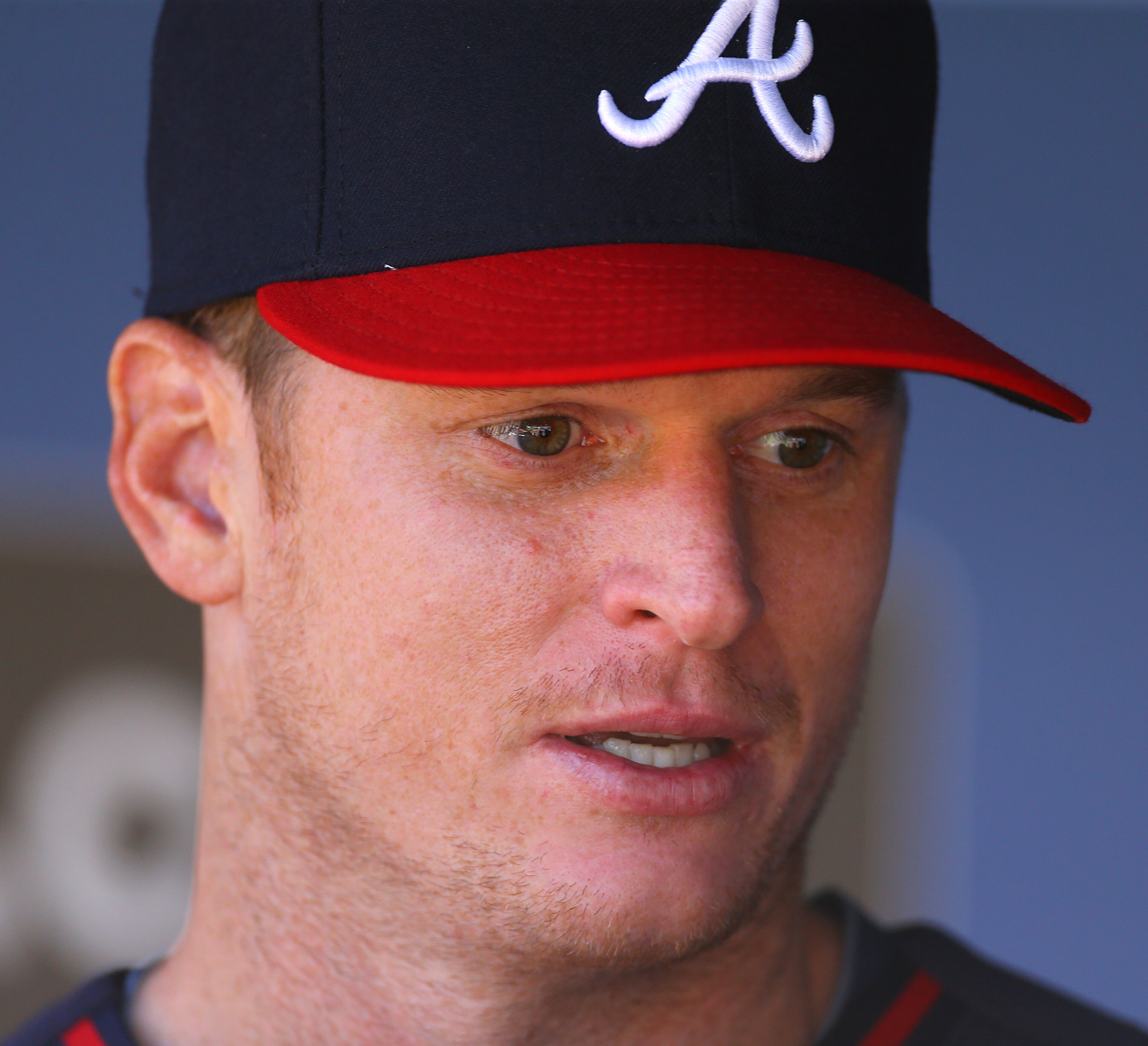 Braves pitcher Gavin Floyd talks to the media in the dugout after being activated from the 15-day disabled list before the finale of a three-game set against the Giants in Atlanta. Floyd is coming back from 2013 "Tommy John" surgery. CURTIS COMPTON / CCOMPTON@AJC.COM