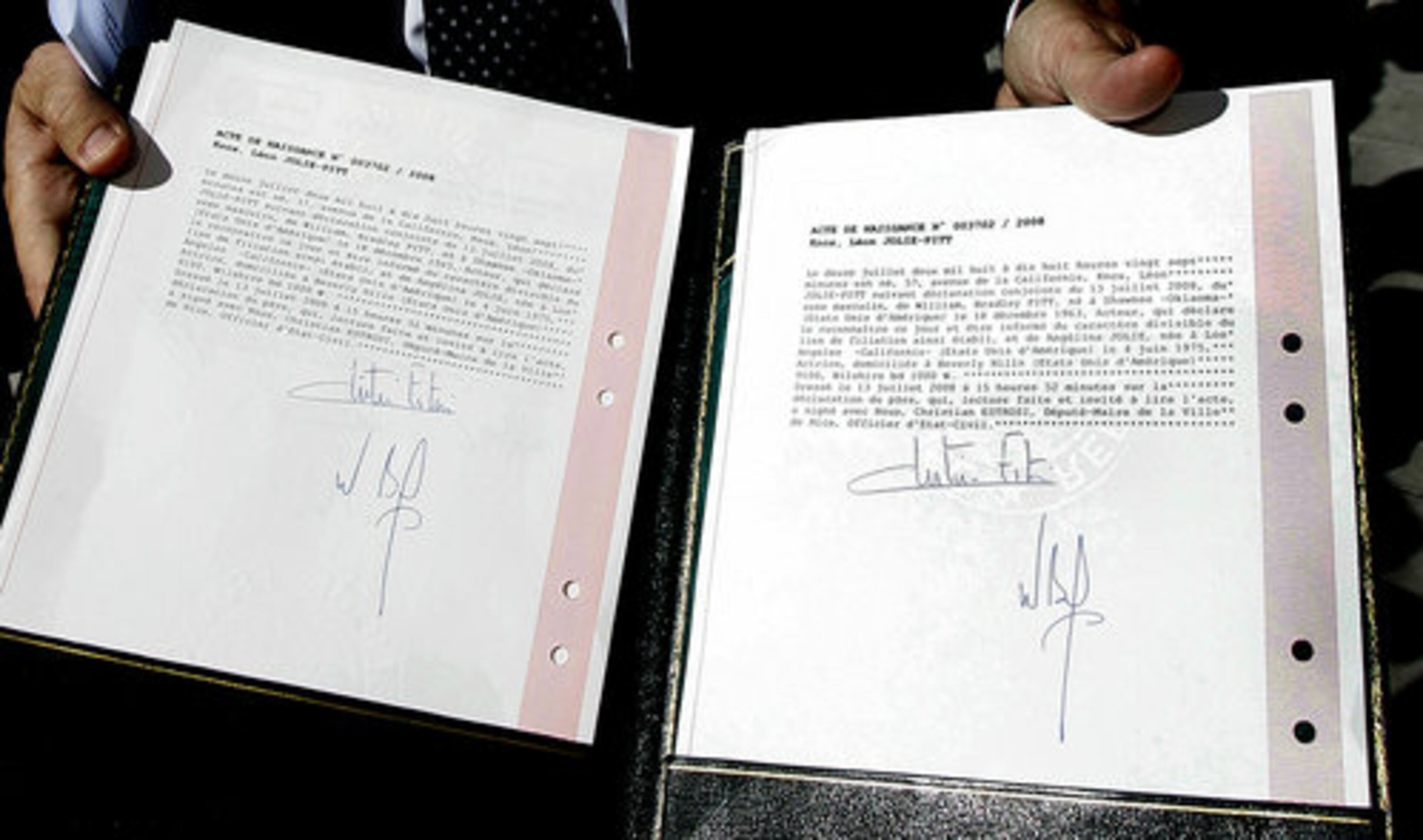 The birth certificates of one of Angelina Jolie's twins, Knox Leon Jolie-Pitt, are seen at the Lenval Hospital in Nice, Sunday.