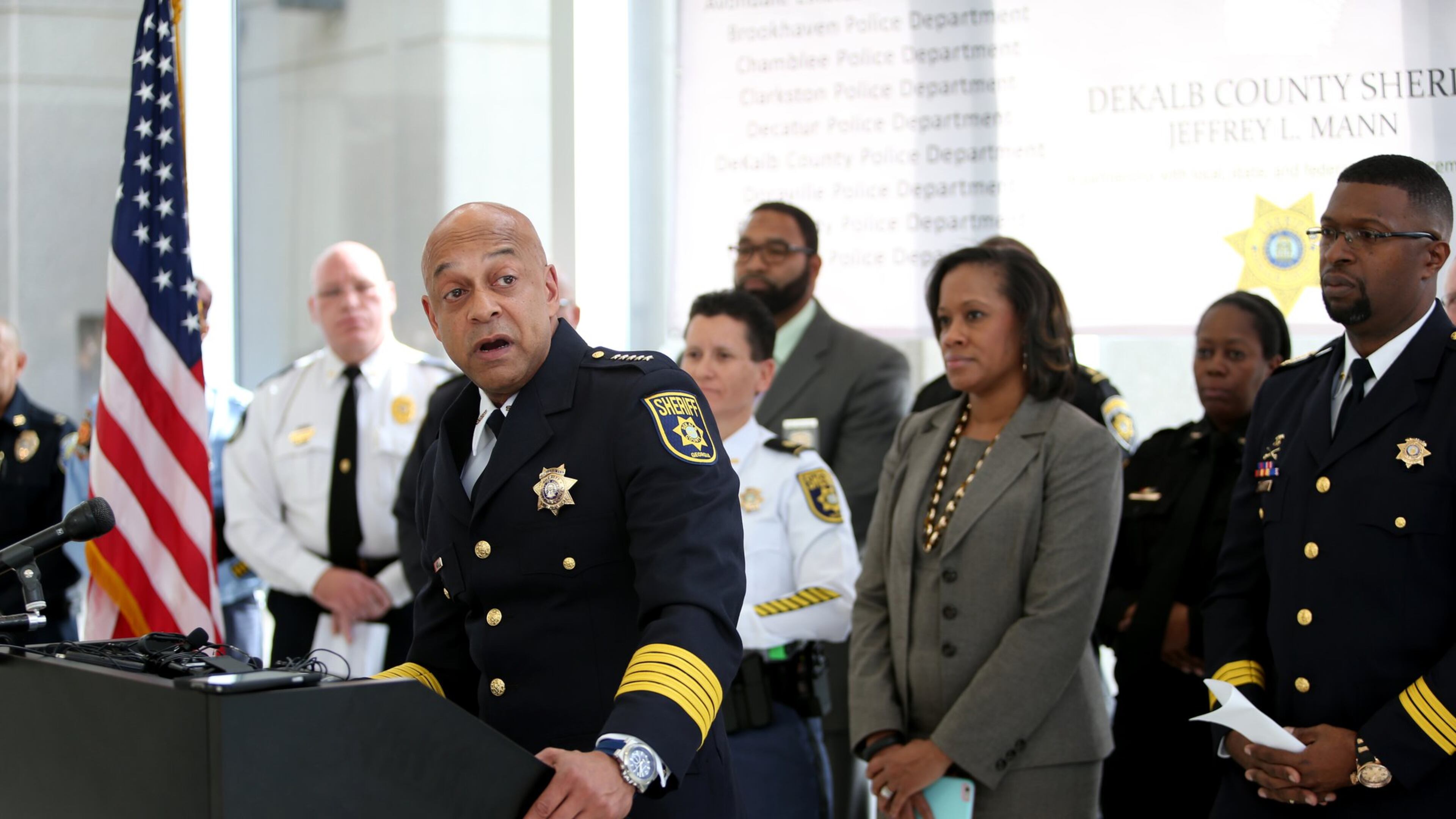 May 24, 2014 - Milton, Ga: DeKalb County Sheriff Jeffrey L. Mann hosts a news conference about Operation Safe DeKalb at the DeKalb County Sheriff’s Office Administration Building. Mann was arrested over the weekend and charged with indecency and obstruction. PHOTO / JASON GETZ