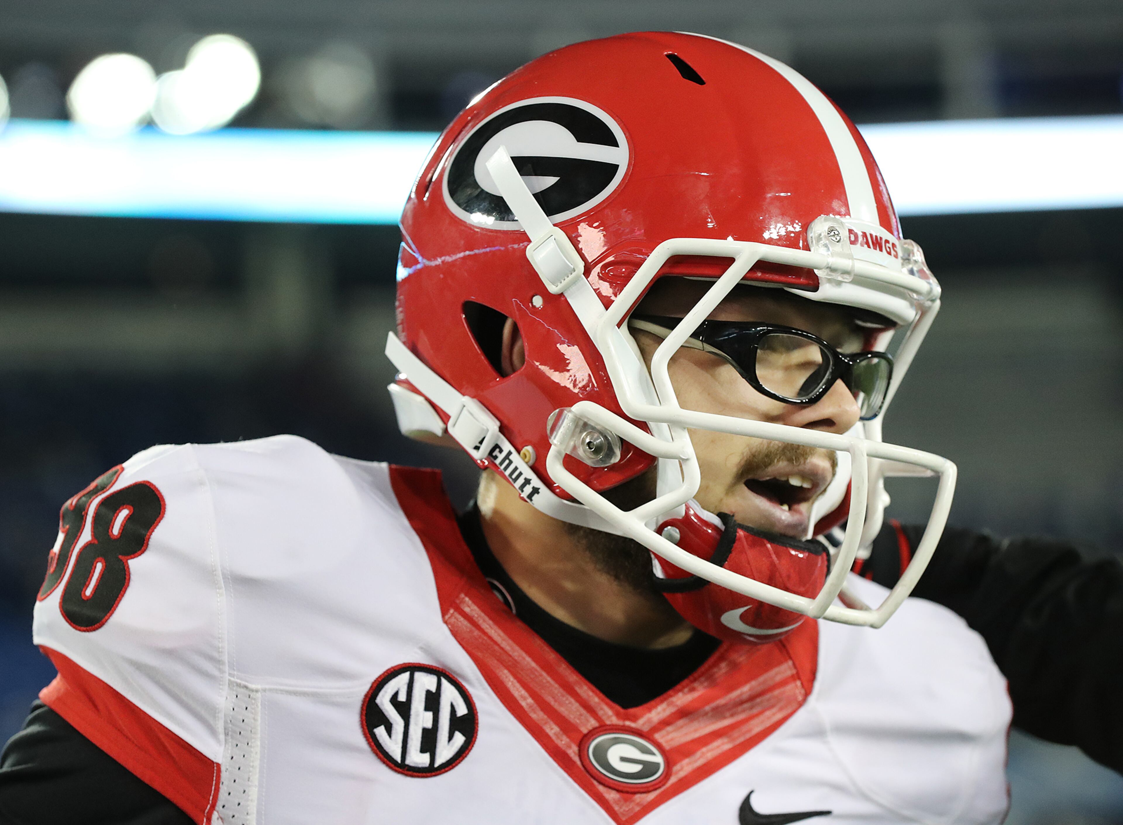 November 5, 2016, LEXINGTON: Georgia redshirt freshman kicker Rodrigo Blankenship reacts to kicking the game winning field goal to beat Kentucky 27-24 in an NCAA college football game on Saturday, Nov. 5, 2016, in Lexington. Curtis Compton /ccompton@ajc.com