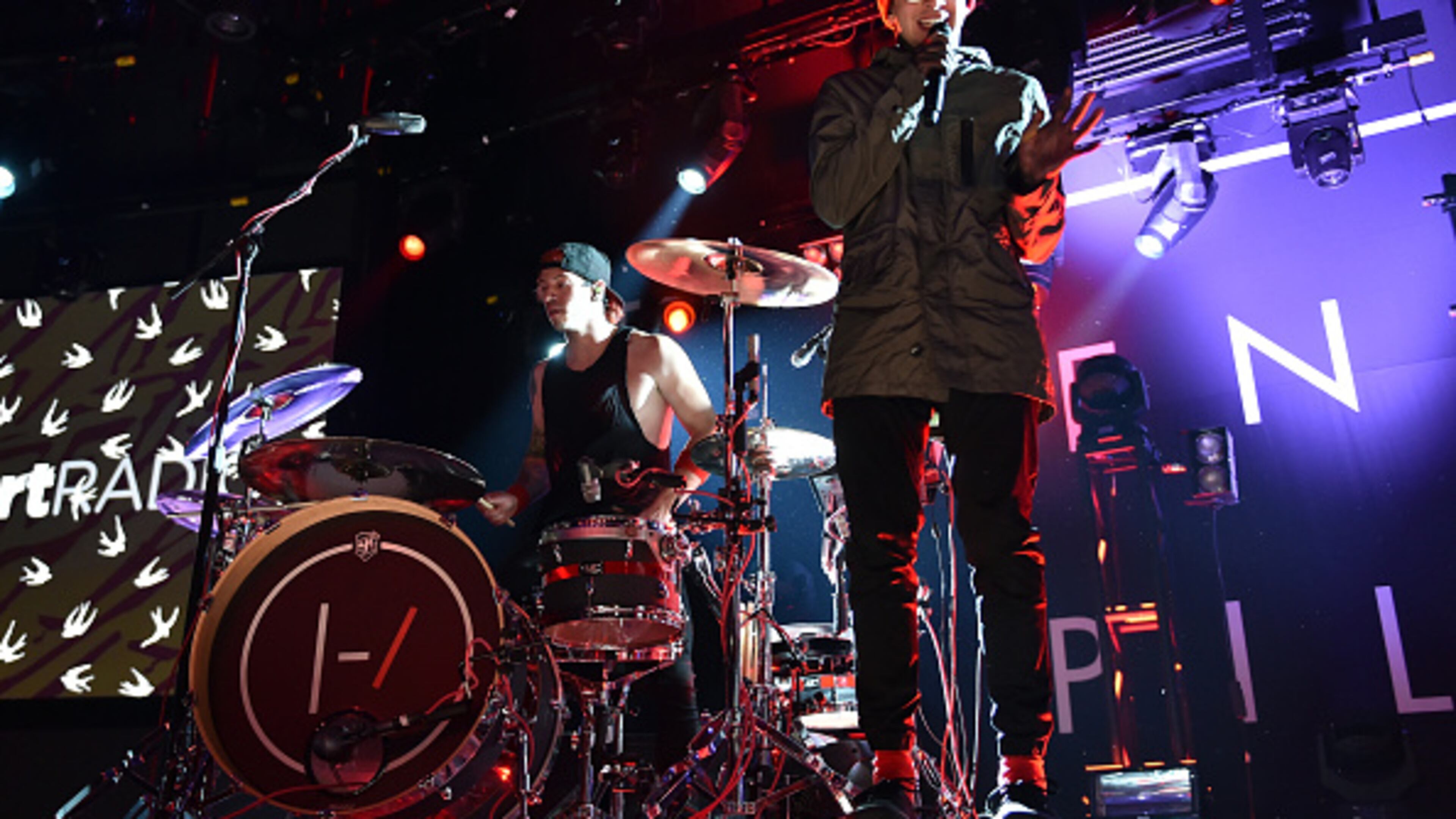 Musicians Josh Dun, on the drums, and Tyler Joseph of Twenty One Pilots perform in Burbank, Calif., in 2015.