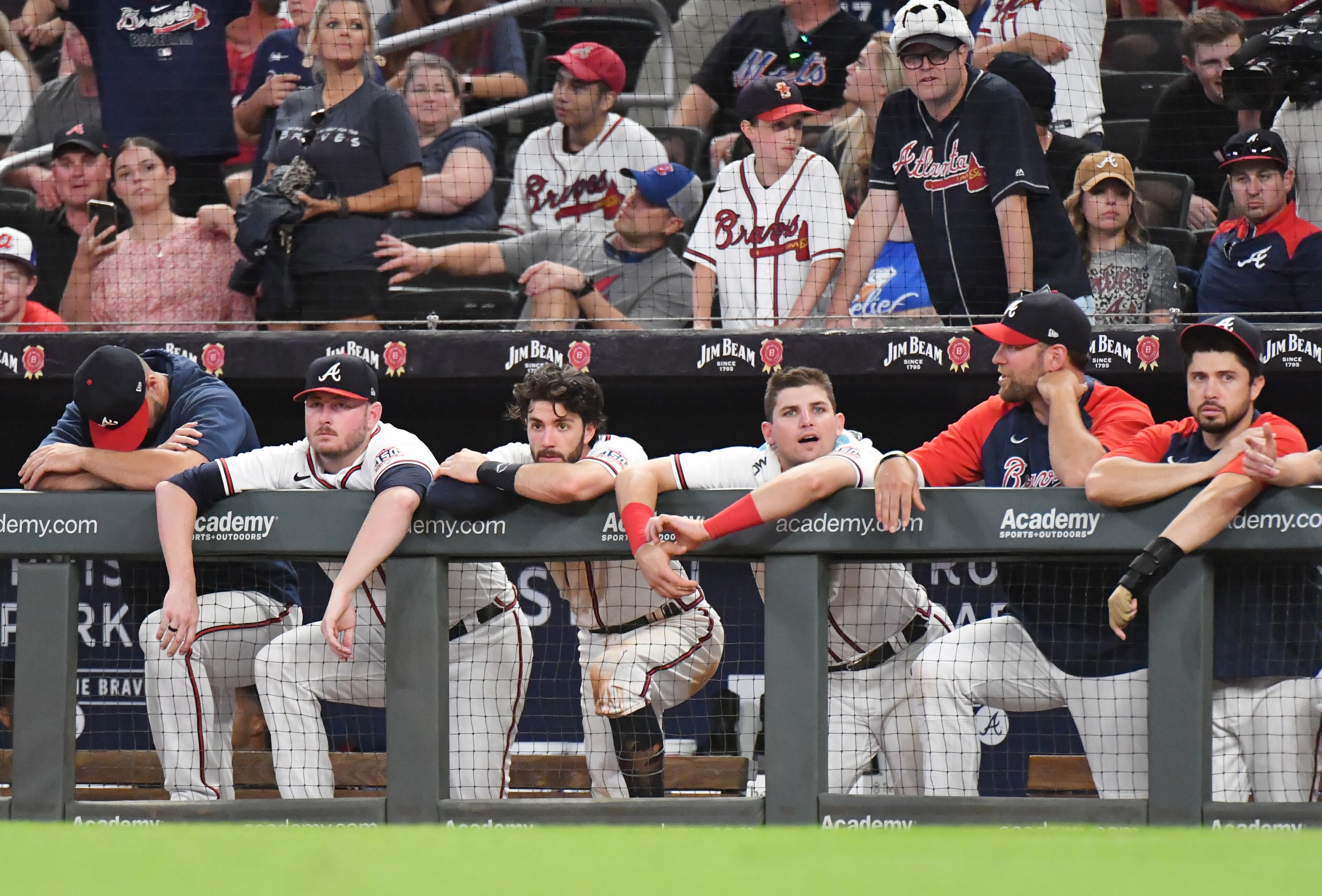 June 29, 2021 Atlanta - Atlanta Braves players react at the end of the 9th inning at Truist Park on Tuesday, June 29, 2021. New York Mets won 4-3 over Atlanta Braves. (Hyosub Shin / Hyosub.Shin@ajc.com)