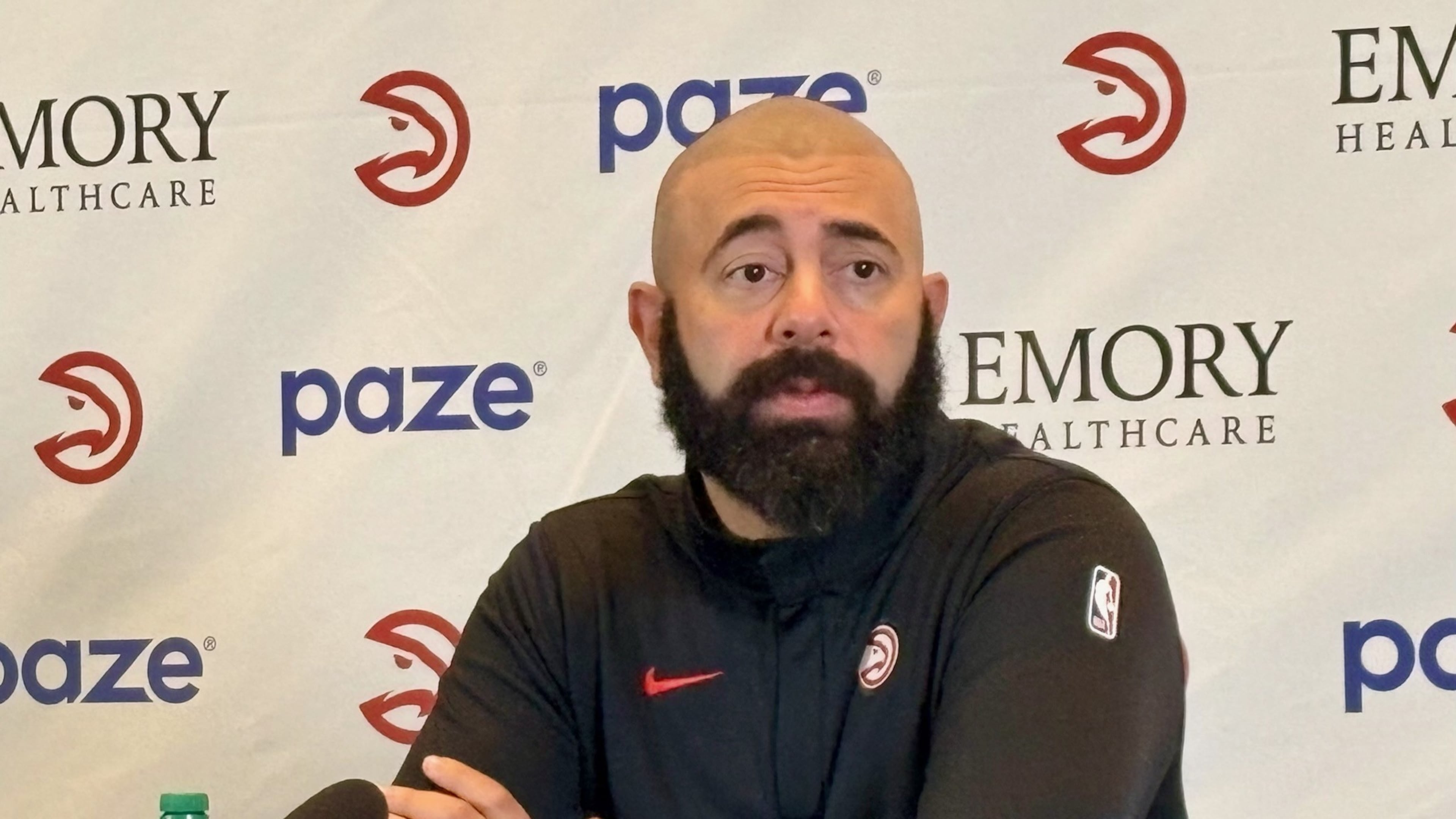 Hawks president of basketball operations Onsi Saleh speaks with media at State Farm Arena Sept. 25, 2026, ahead of the start of the team's training camp. (Ken Sugiura/AJC)
