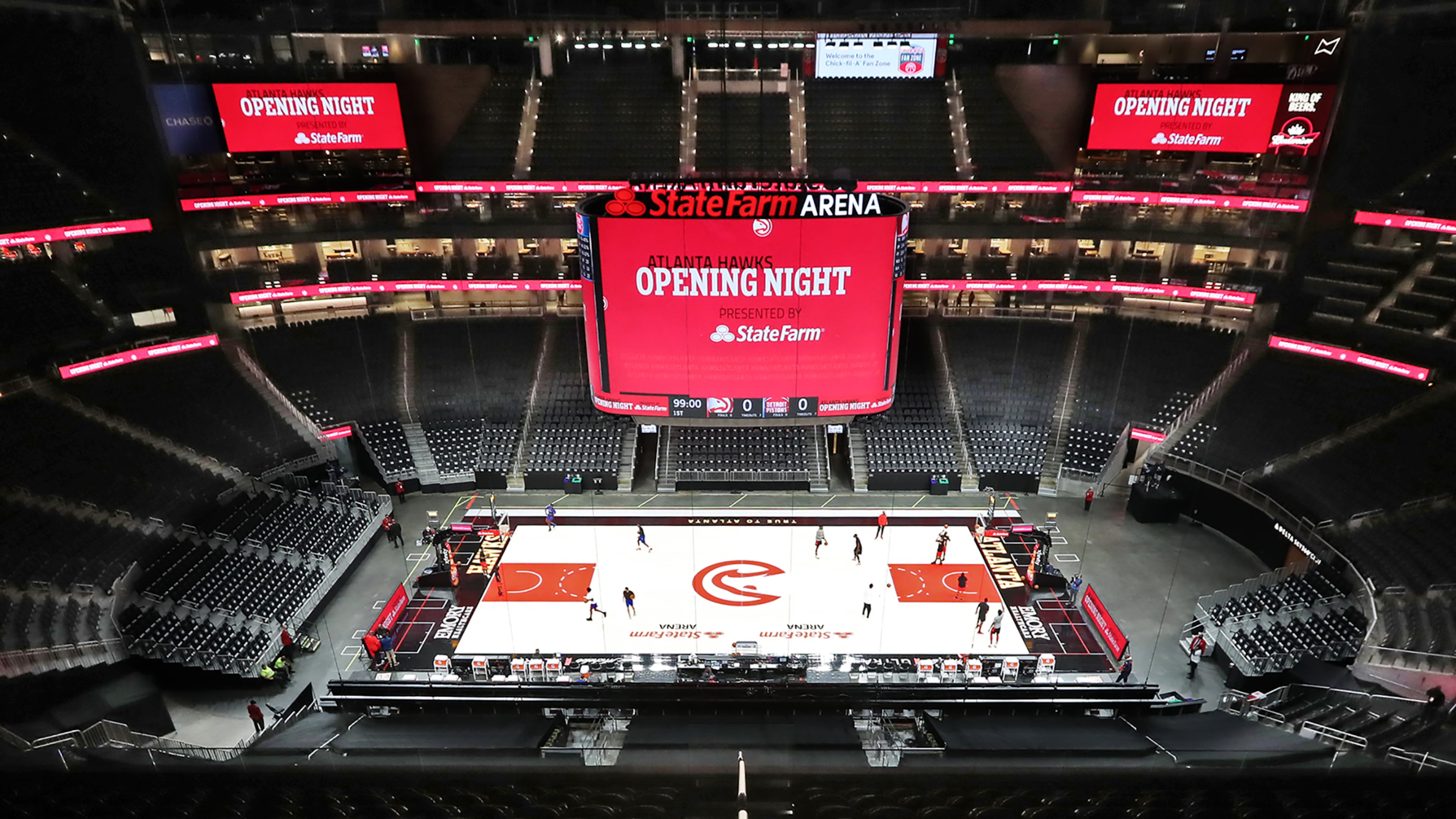 122820 ATLANTA: State Farm Arena is mostly empty as the Atlanta Hawks prepare to play the Detroit Pistons in their home opener NBA basketball game on Monday, Dec. 28, 2020, in Atlanta. “Curtis Compton / Curtis.Compton@ajc.com”