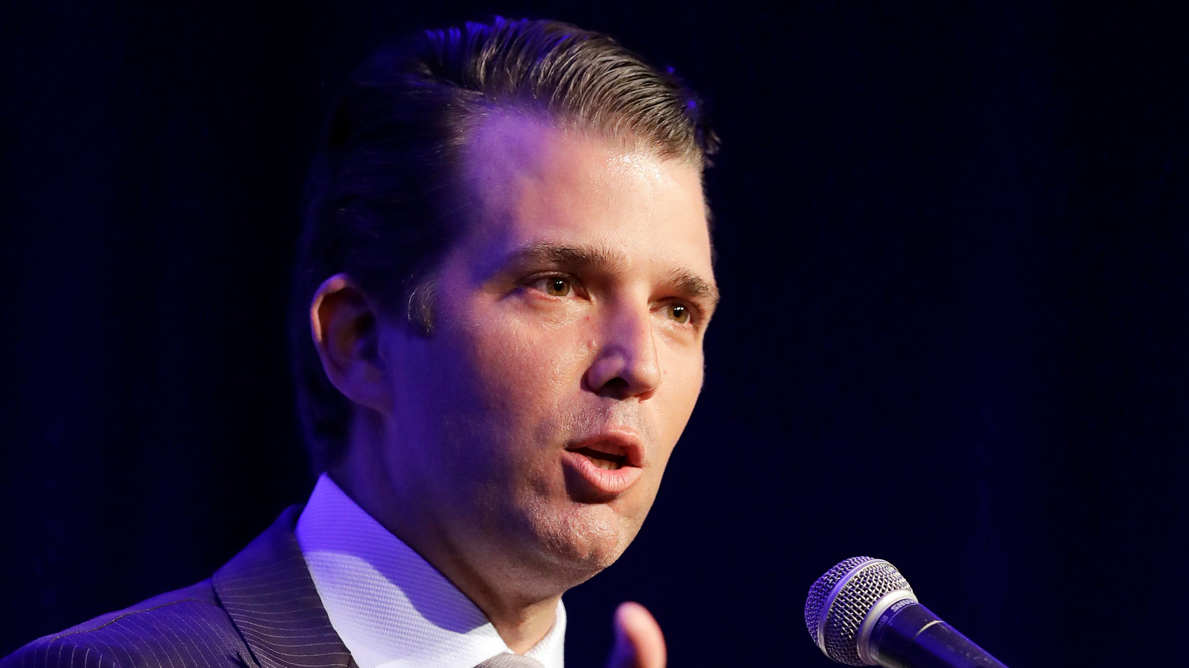 FILE - In this May 8, 2017 file photo, Donald Trump Jr. speaks in Indianapolis. President Donald Trump’s eldest son acknowledged Monday, July 10, 2017, that he met a Russian lawyer during the 2016 presidential campaign to hear information about his father’s Democratic opponent, Hillary Clinton. (AP Photo/Darron Cummings, File)