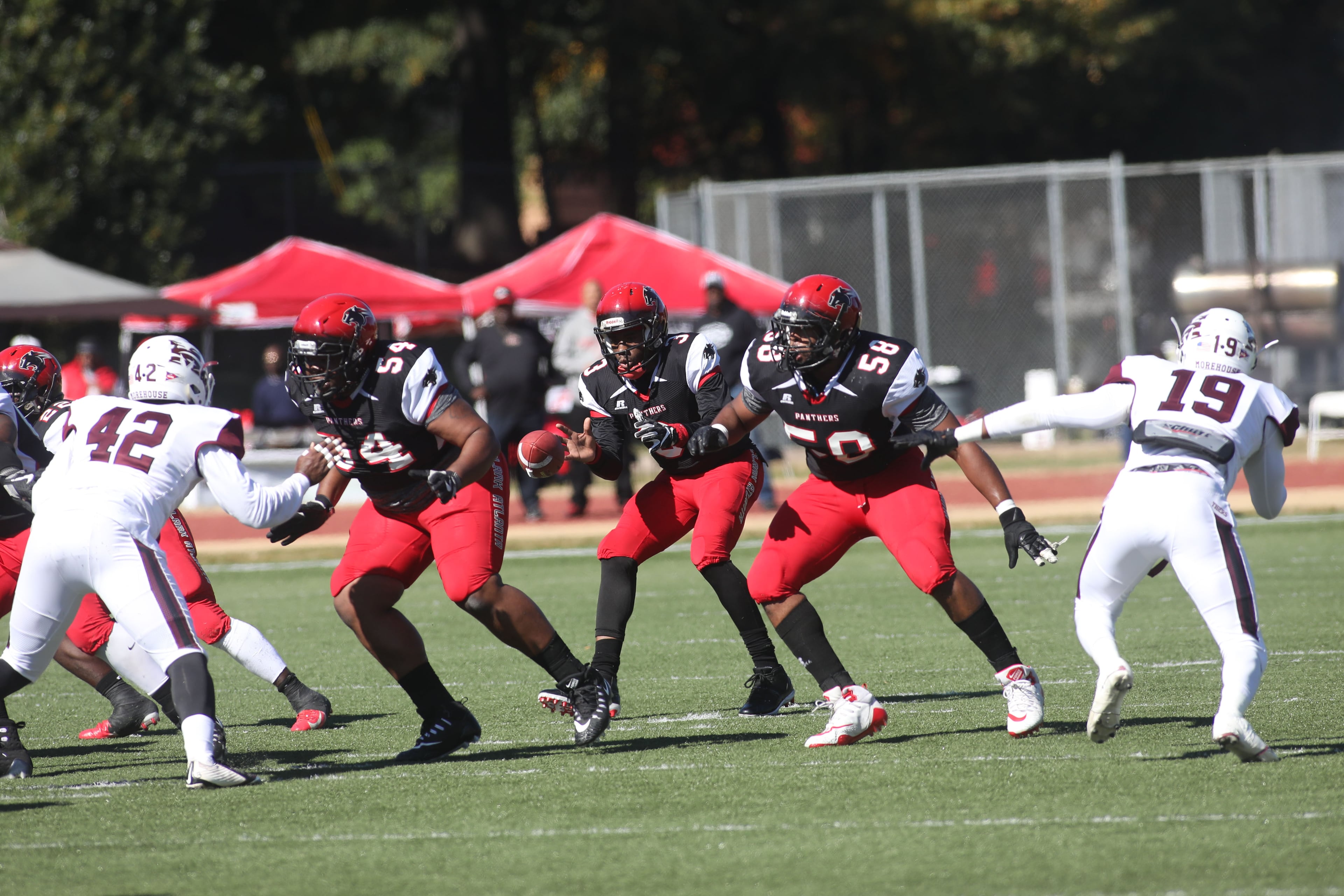 Clark Atlanta Panthers quarterback Charles Stafford (3) catches the snap during a college football game against the Morehouse Maroon Tigers, Saturday, Nov. 3, 2018, in Atlanta. BRANDEN CAMP/SPECIAL