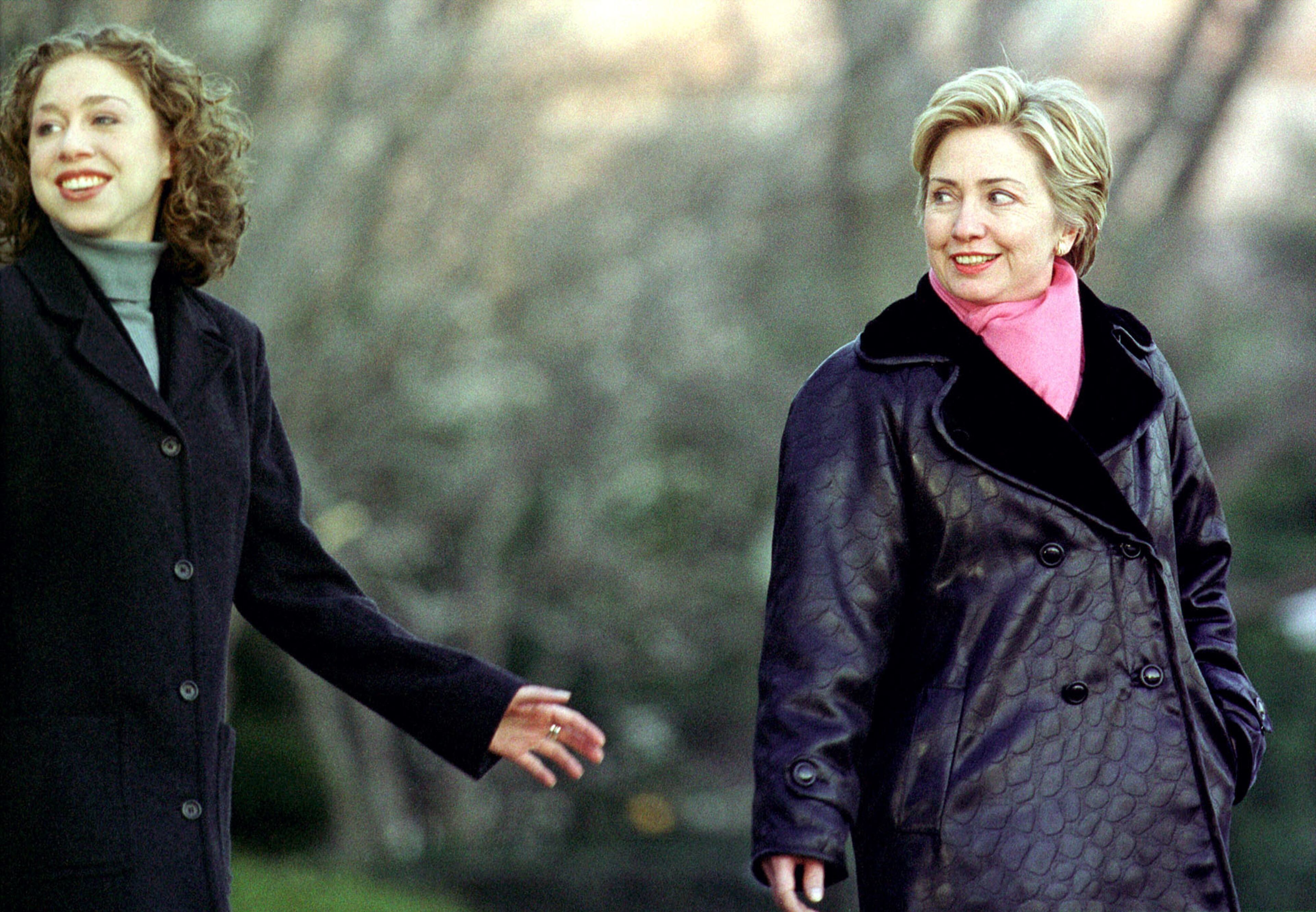 First Lady Hillary Clinton, right, and daughter Chelsea leave the White House in Washington, DC to board a helicopter for a trip to their new residence in Chappaqua, New York February 5, 2000. Hillary Clinton formally announced February 6 that she was running for US Senate in the state of New York. (Photo by Jamal A. Wilson)