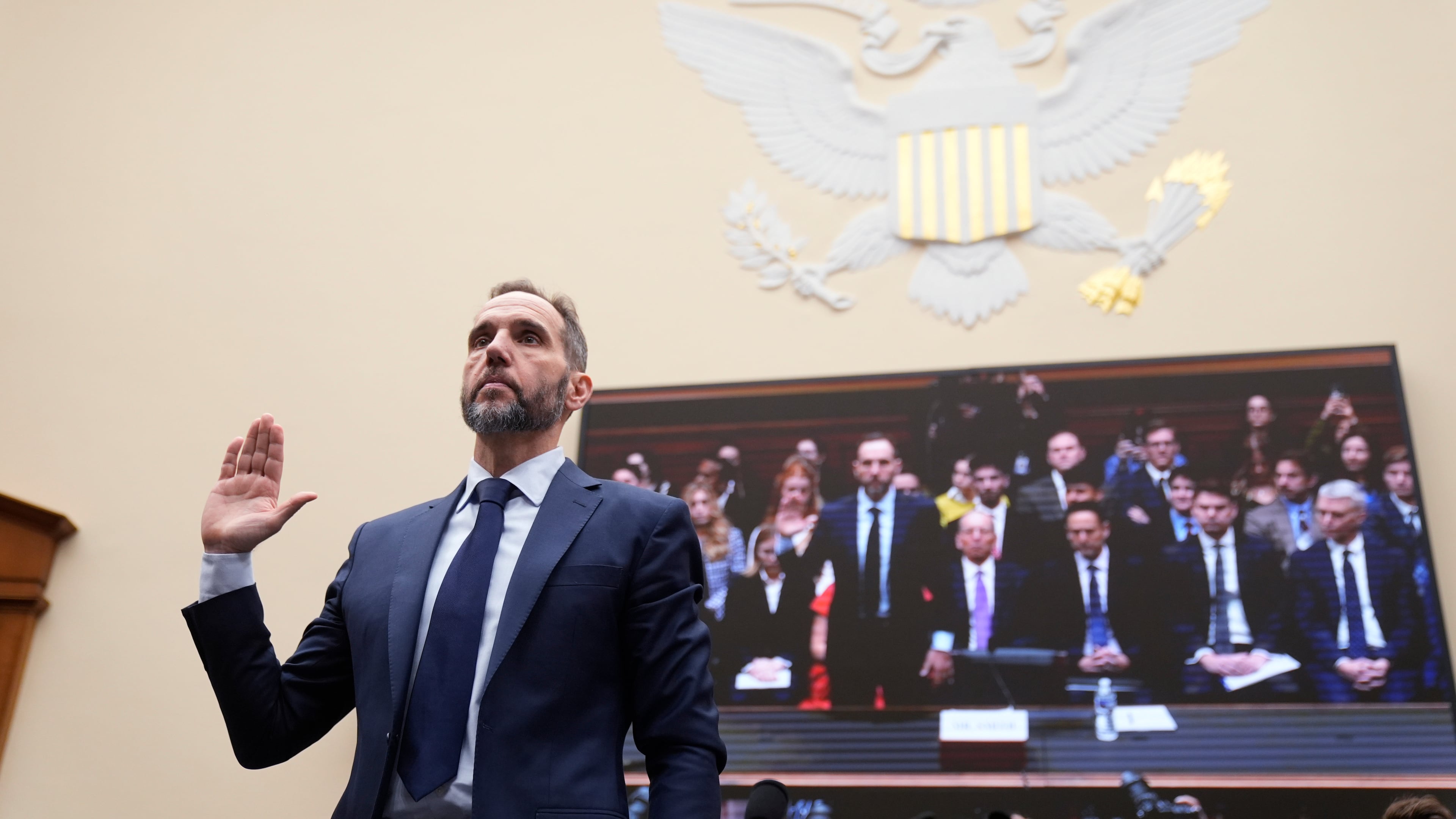 FILE - Former Justice Department special counsel Jack Smith takes an oath before the House Judiciary Committee at the Capitol in Washington, Jan. 22, 2026. (AP Photo/Mark Schiefelbein, File)