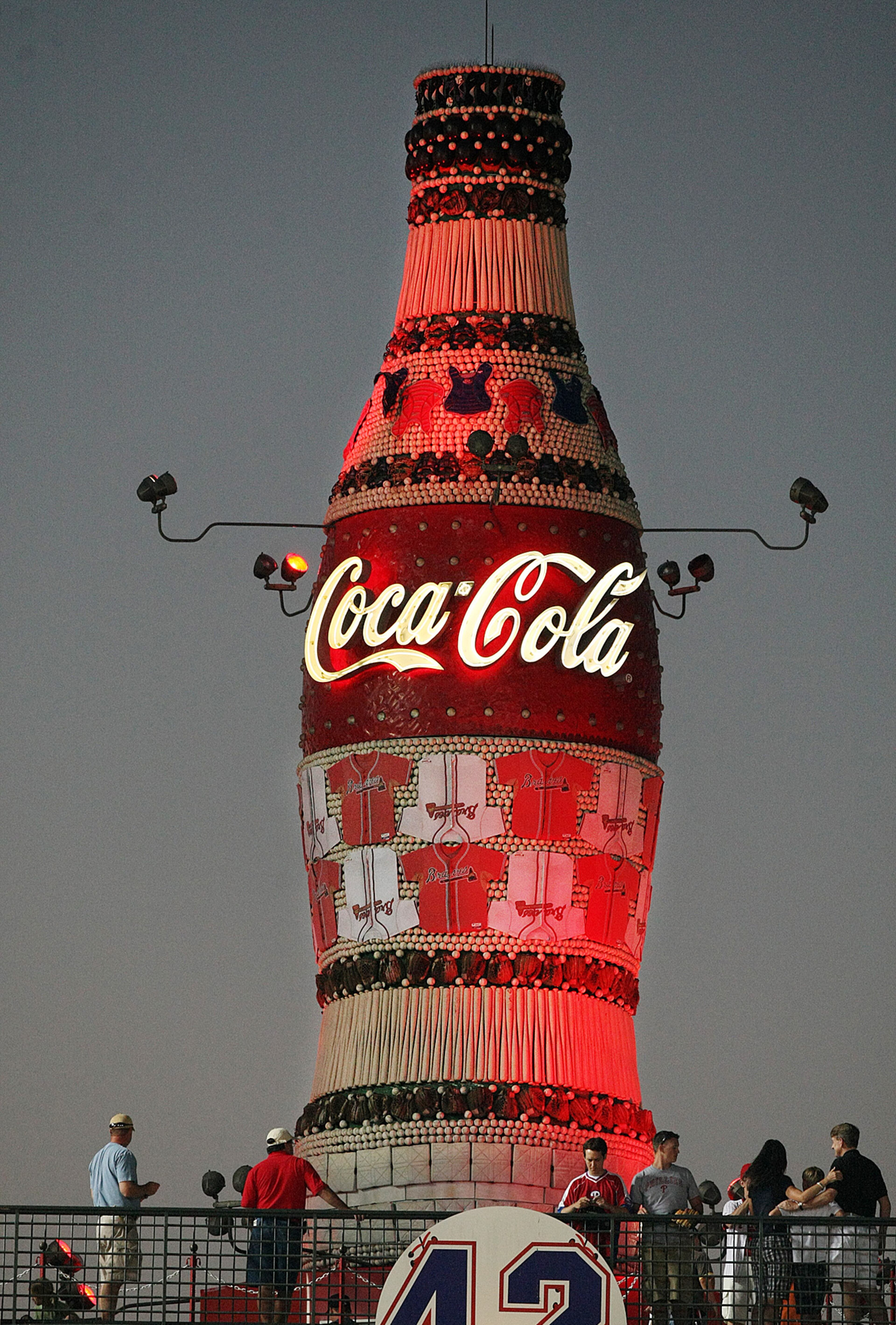 This giant Coke bottle graced Turner Field for over 12 years and more than 1,000 homerun celebrations. It was made of more than 11,000 pieces of authentic Atlanta Braves baseball equipment including 6,680 baseballs, 290 bats and 86 gloves. Curtis Compton / ccompton@ajc.com