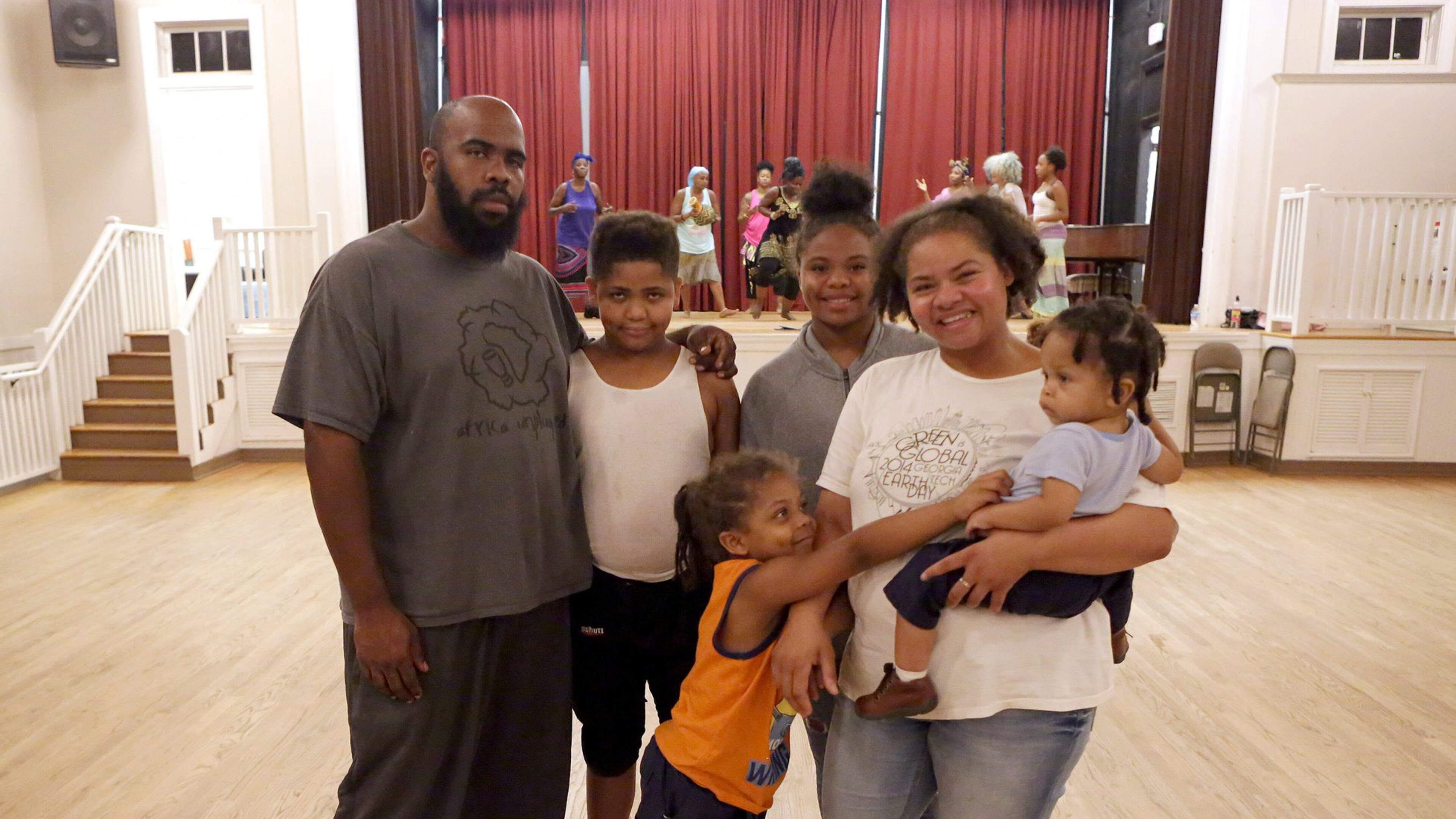 Christan Theresa Poret and her family, (from left), husband Mark Poret, son Sean, 10, son Cameren (cq) 4, daughter Meah (cq) 13, and son Jaydn (cq) 15-months, at the Clarkston Community Center on Thursday, August 24, 2017. Poret relocated to Atlanta from New Orleans during hurricane Katrina. (Akili-Casundria Ramsess/Special to the AJC)