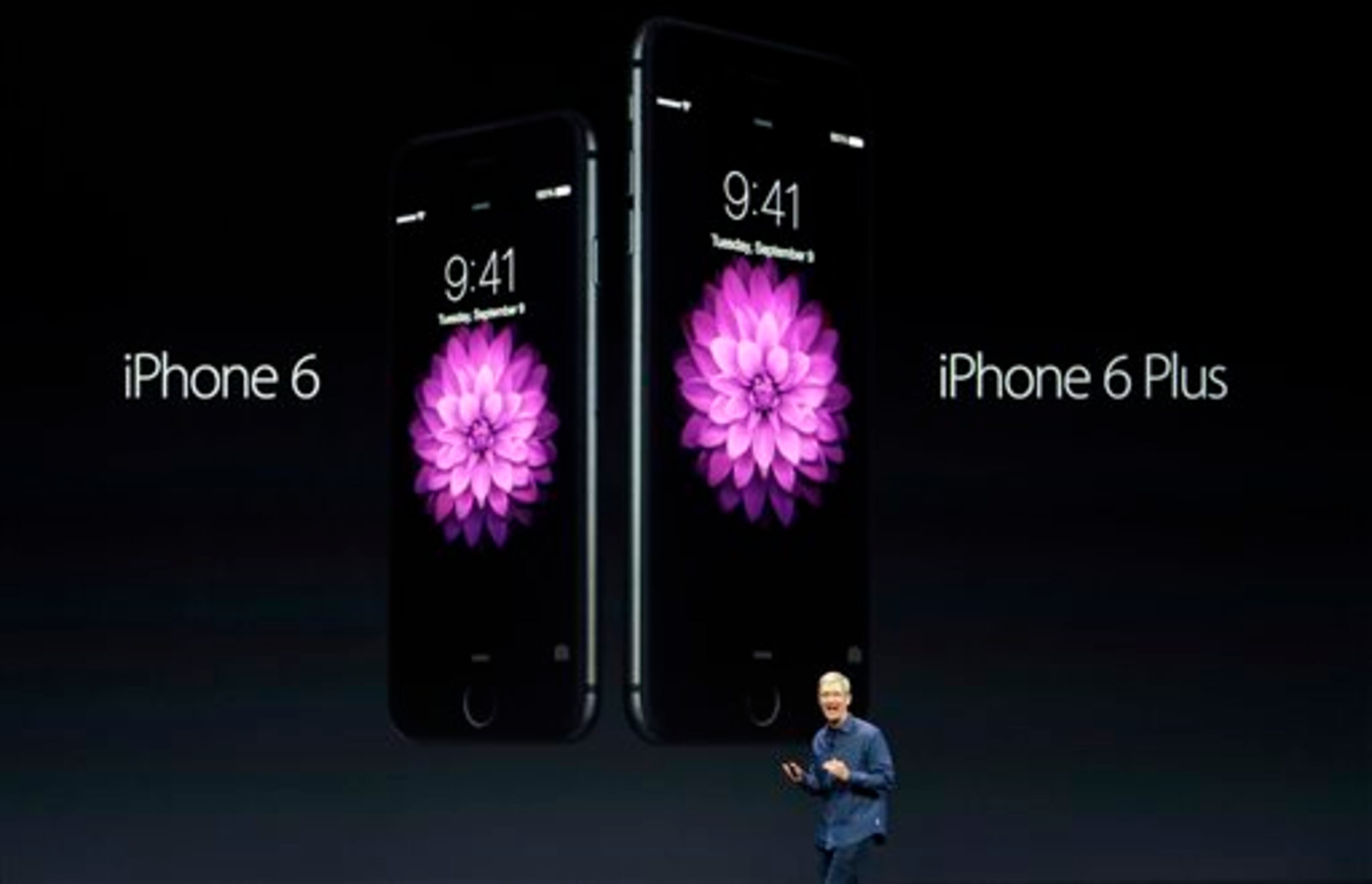 Apple CEO Tim Cook introduces the new iPhone 6 and iPhone 6 Plus on Tuesday, Sept. 9, 2014, in Cupertino, Calif. (AP Photo/Marcio Jose Sanchez)