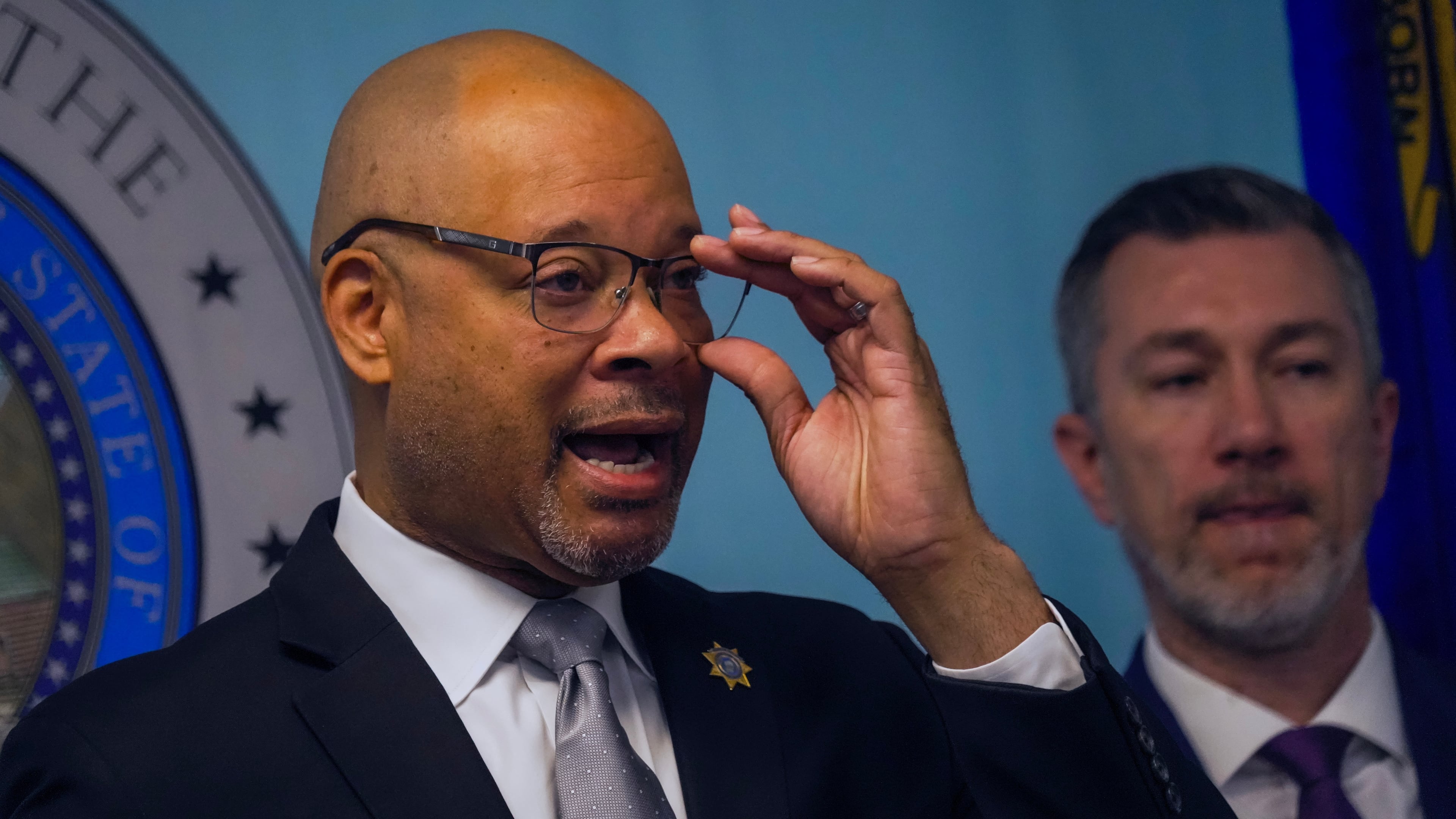 Aaron Ford, attorney general of Nevada, speaks at a press conference in Las Vegas, on Wednesday, Apr. 15, 2026, announcing that the Roblox gaming platform reached a $12 million settlement with Nevada. (AP Photo/Ty O'Neil)