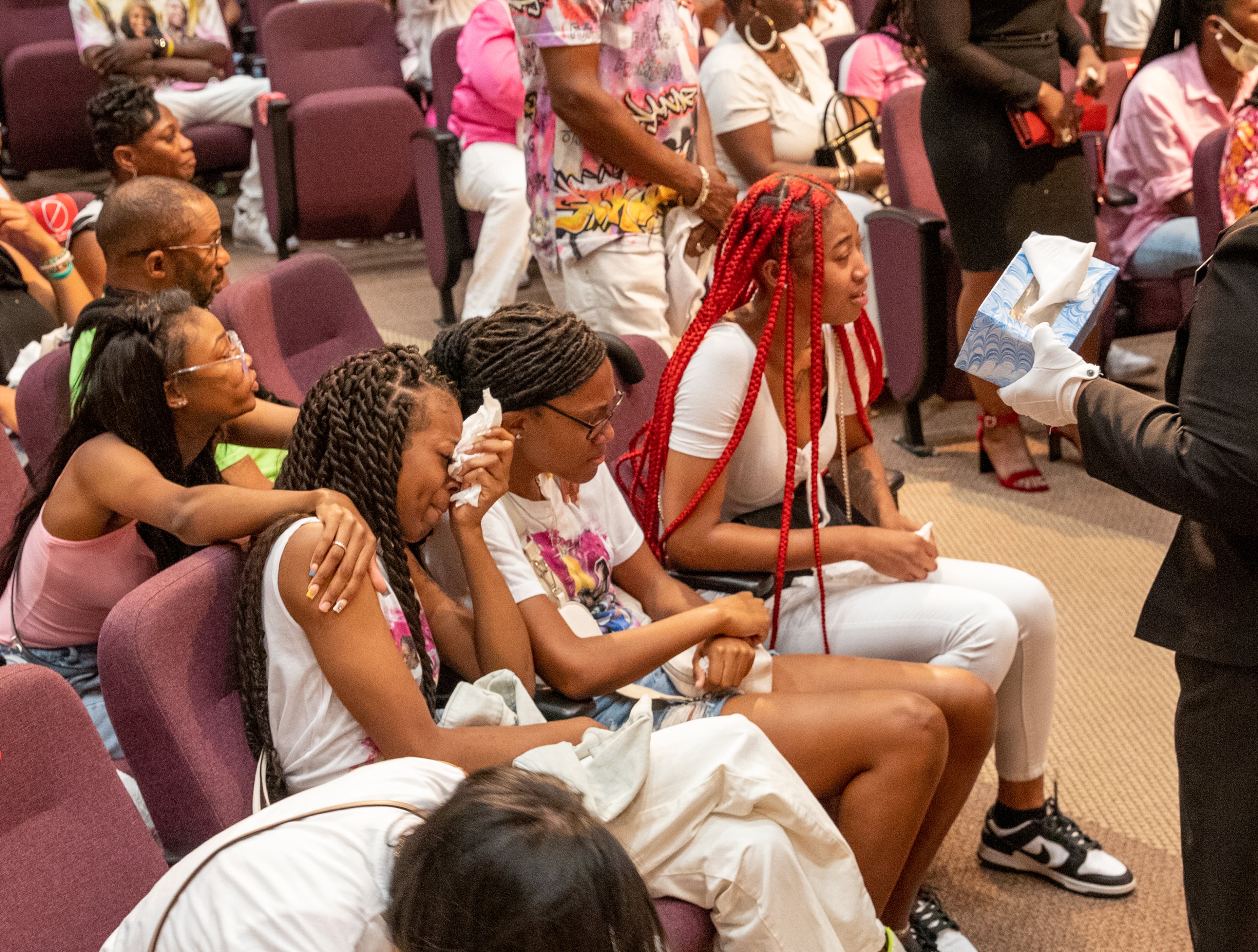 Friends, classmates and members of the community attend Bre’Asia Powell’s memorial service at Jackson Memorial Baptist Church in Atlanta on Saturday, June 3, 2023. Powell, 16, was fatally shot at a graduation party outside Benjamin E. Mays High School. (Jenni Girtman for The Atlanta Journal-Constitution)