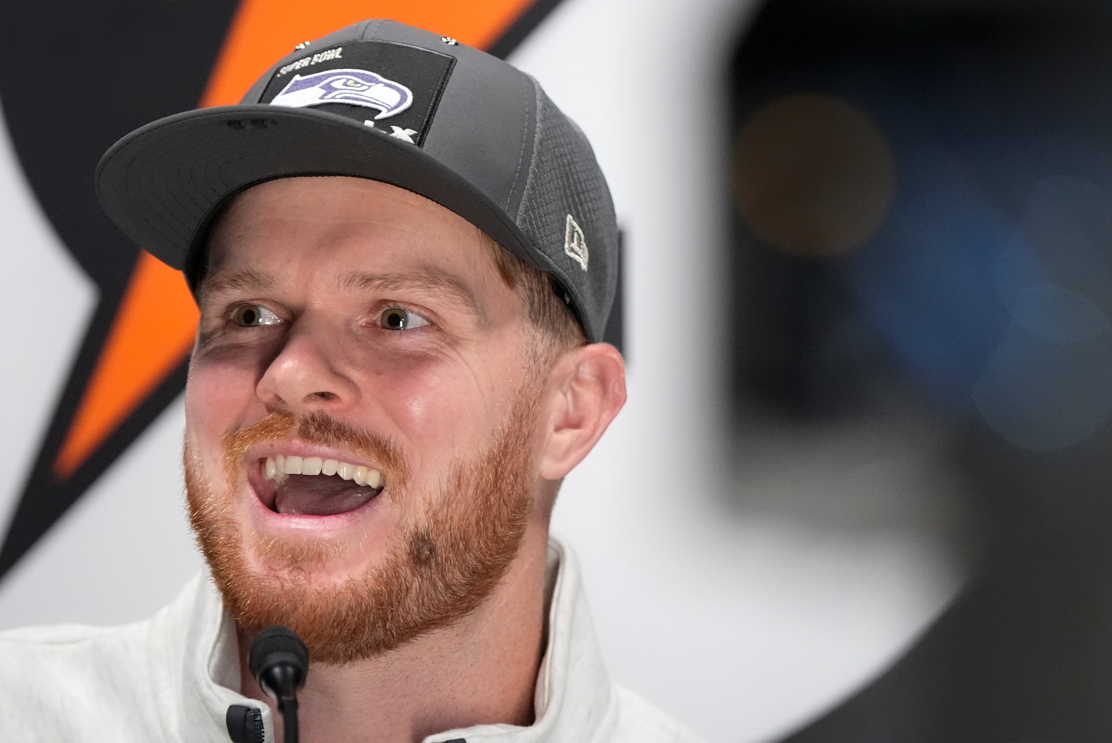 Seahawks quarterback Sam Darnold meets the press in San Francisco.