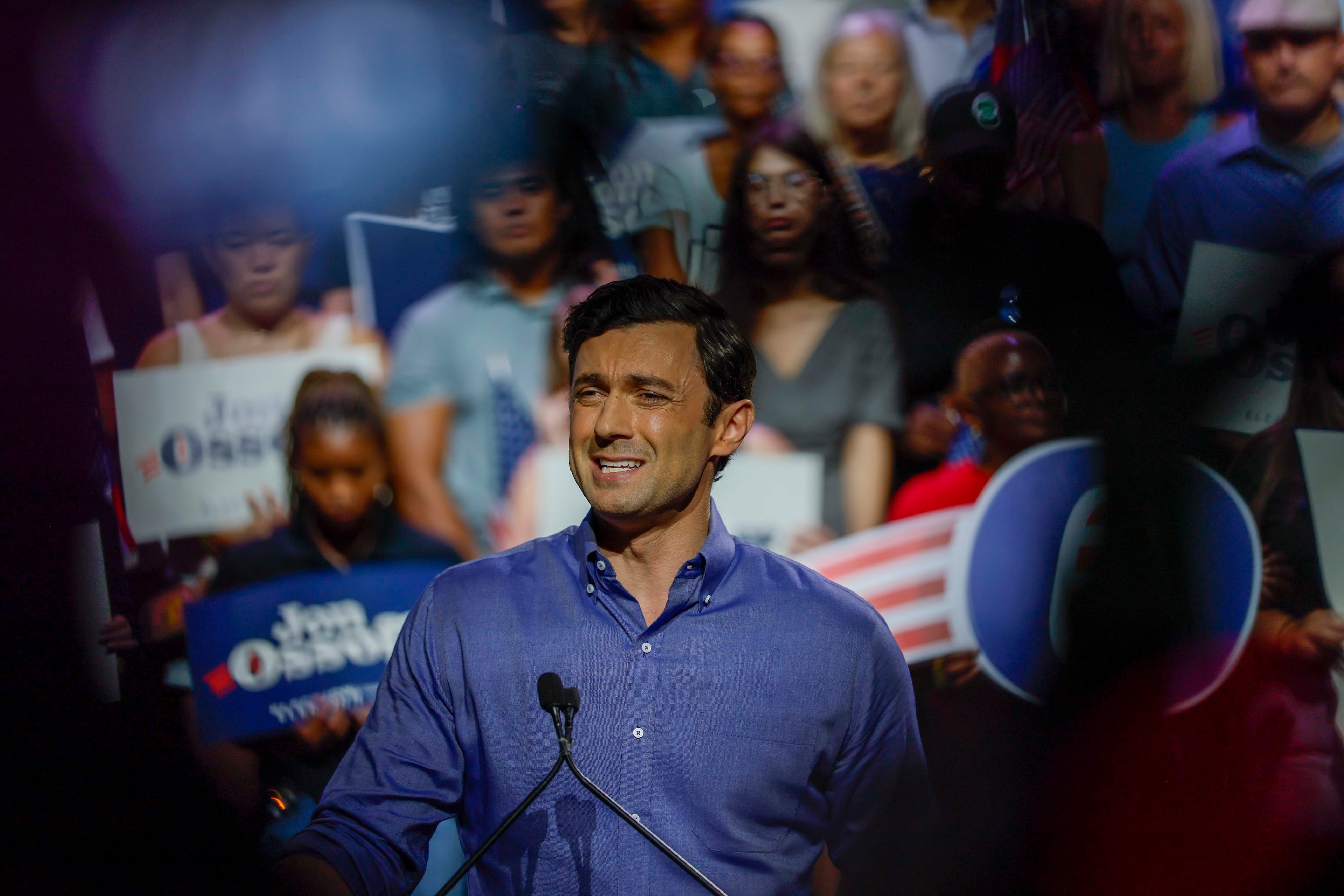 U.S. Sen. Jon Ossoff addresses supporters at a campaign rally at the Center Stage Theater on Sunday, August 16, 2026. (Miguel Martinez/AJC)