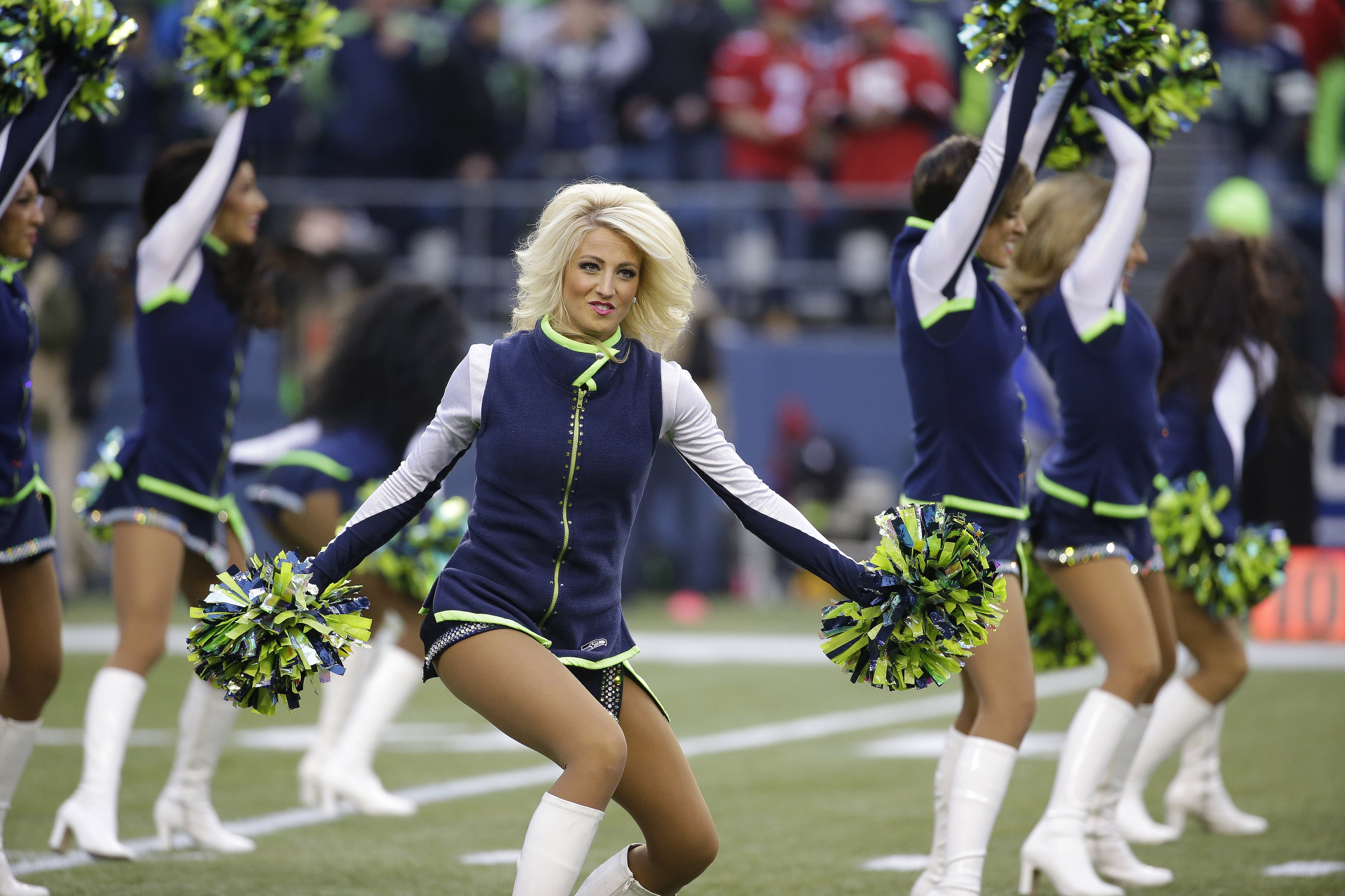 Seattle Seahawks cheerleaders perform before the NFL football NFC Championship game against the San Francisco 49ers on Jan. 19, 2014, in Seattle.