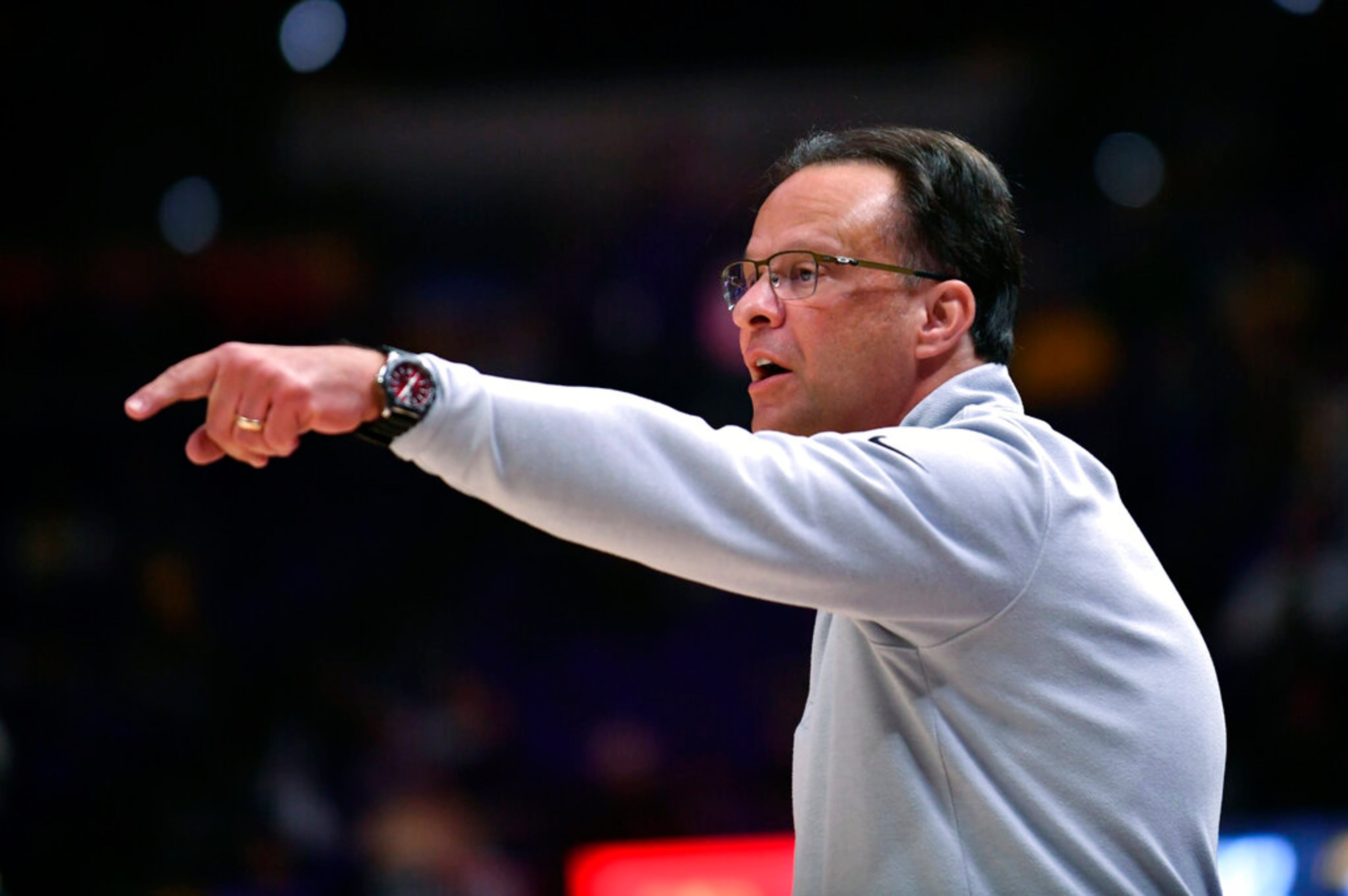 Georgia coach Tom Crean gestures during the team's basketball game against LSU on Wednesday night in Baton Rouge, Louisiana. (Hilary Scheinuk/The Advocate via AP)