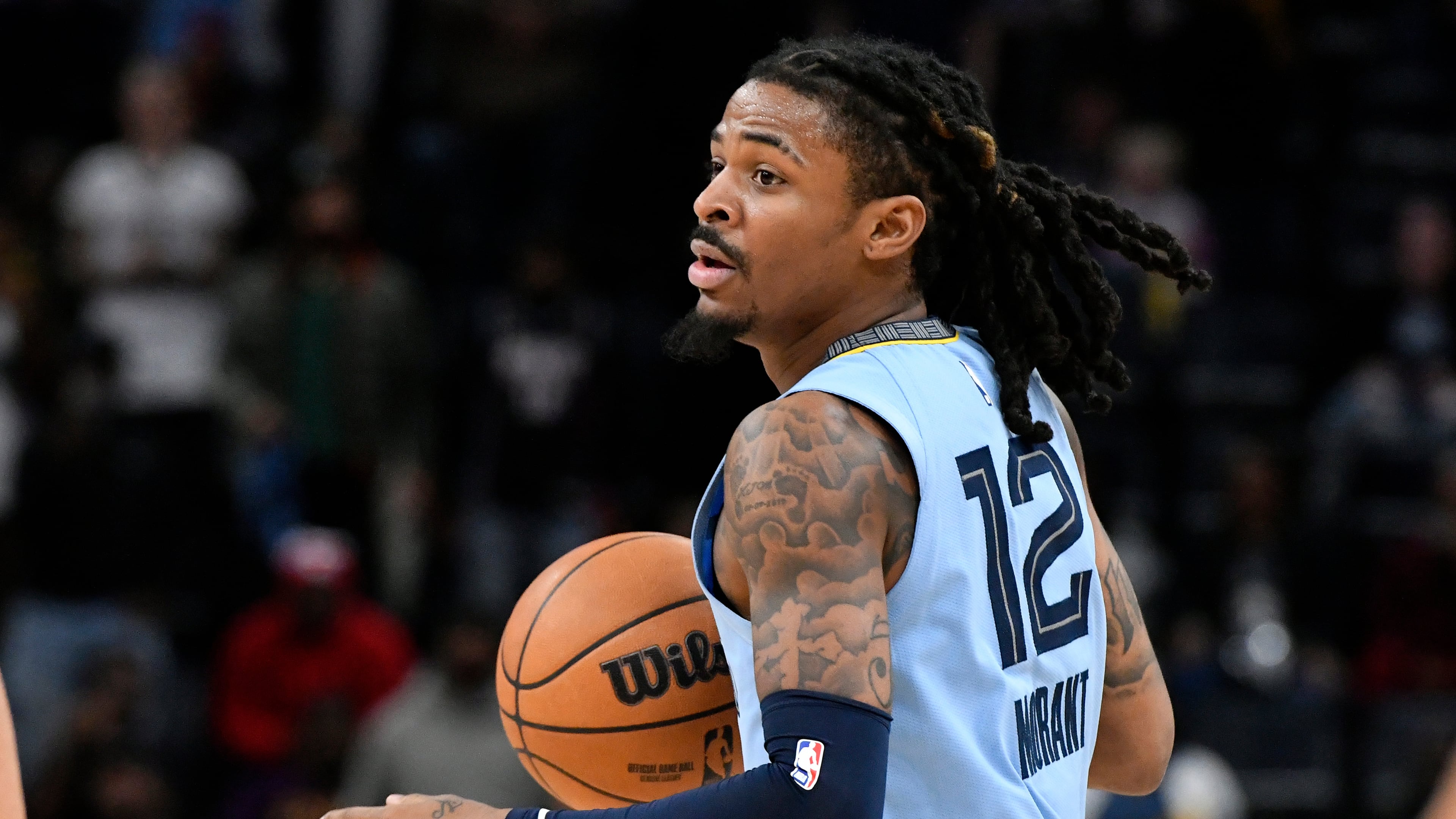FILE - Memphis Grizzlies guard Ja Morant (12) plays in the second half of an NBA basketball game against the Atlanta Hawks Jan. 21, 2026, in Memphis, Tenn. (AP Photo/Brandon Dill, File)