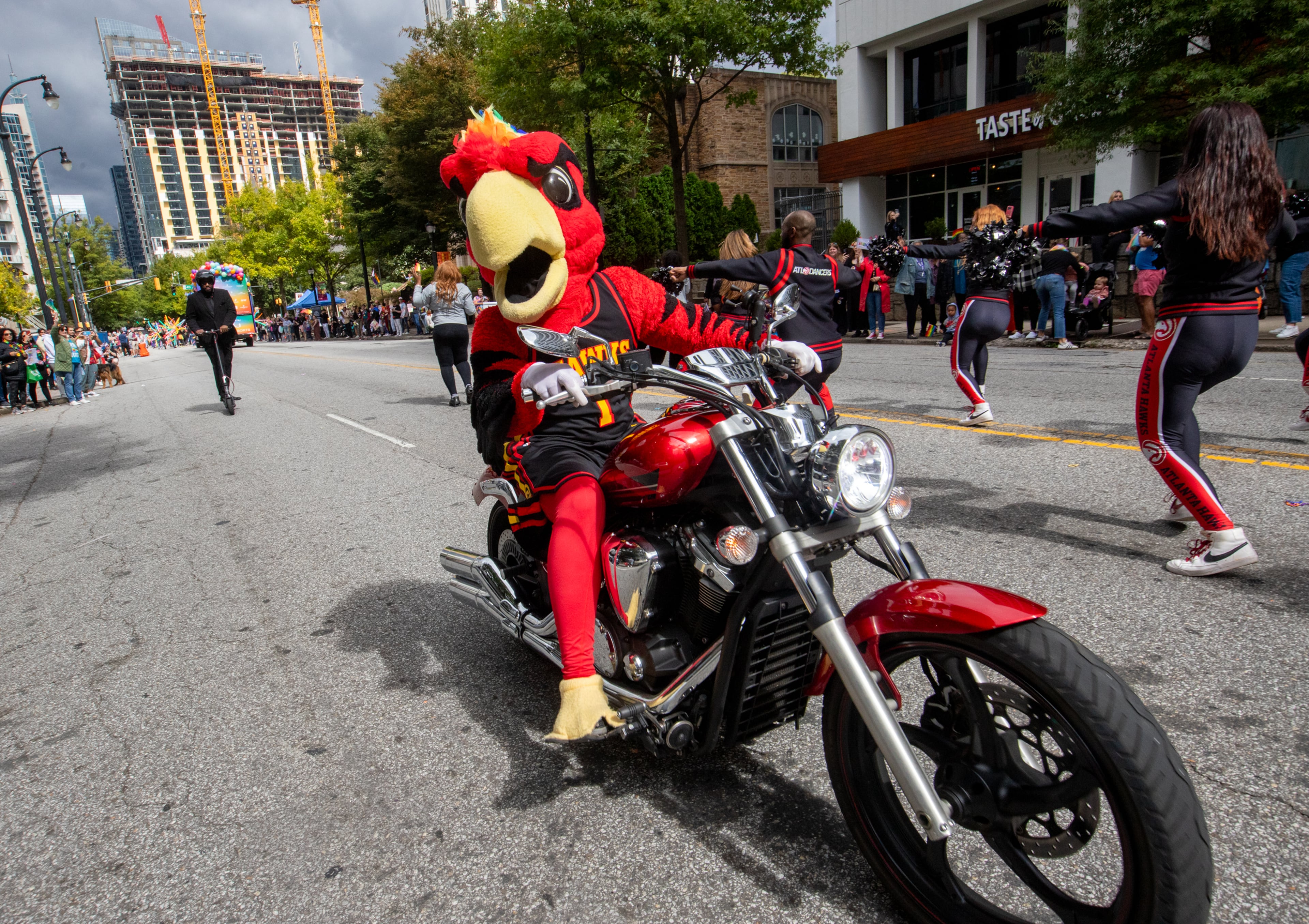The Hawks participate in the annual Pride Parade in Atlanta on Sunday, Oct 15, 2023. (Jenni Girtman for The Atlanta Journal-Constitution)