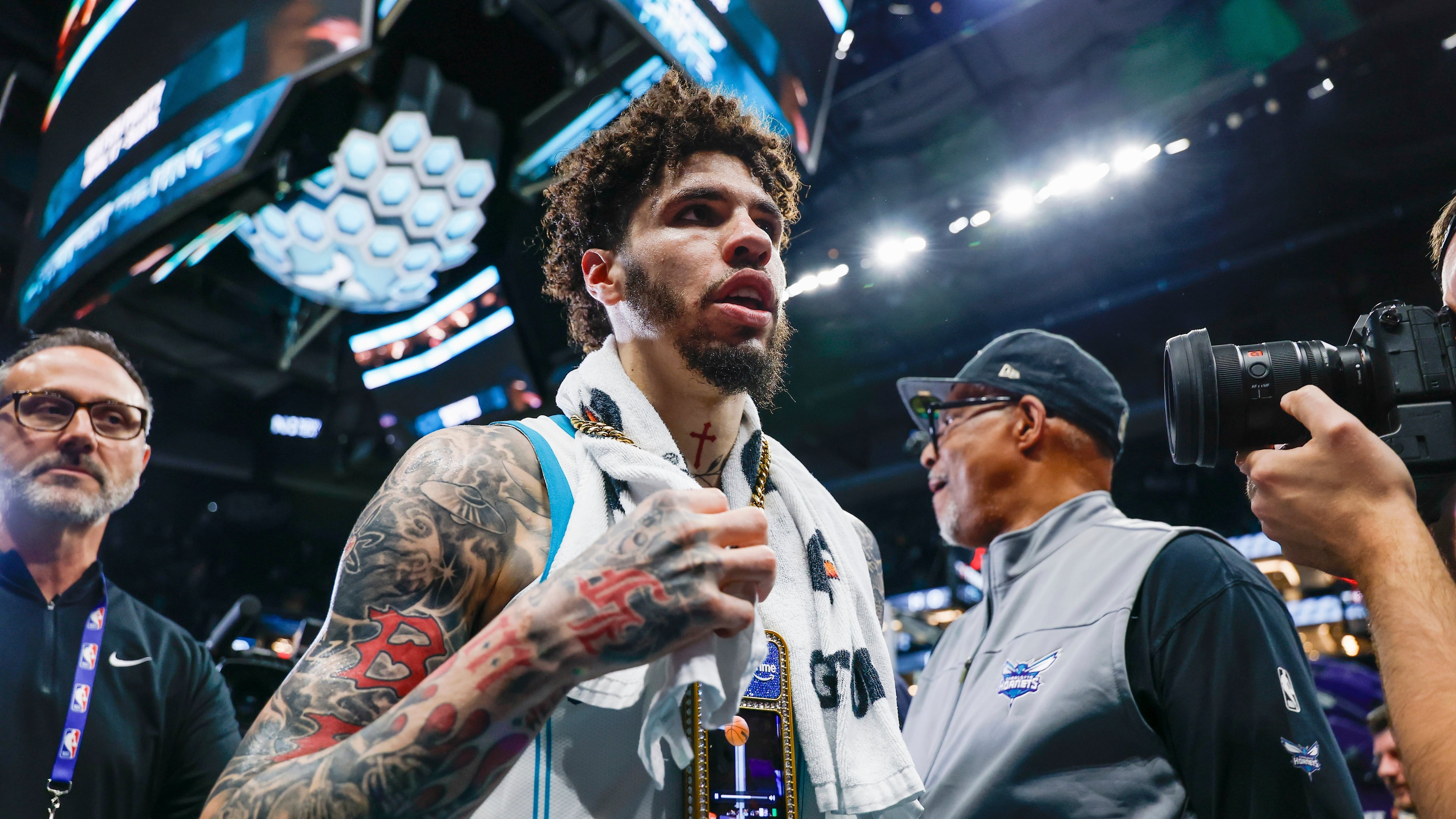 Charlotte Hornets guard LaMelo Ball walks off the court after an NBA play-in tournament basketball game against the Miami Heat in Charlotte, N.C., Tuesday, April 14, 2026. (AP Photo/Nell Redmond)