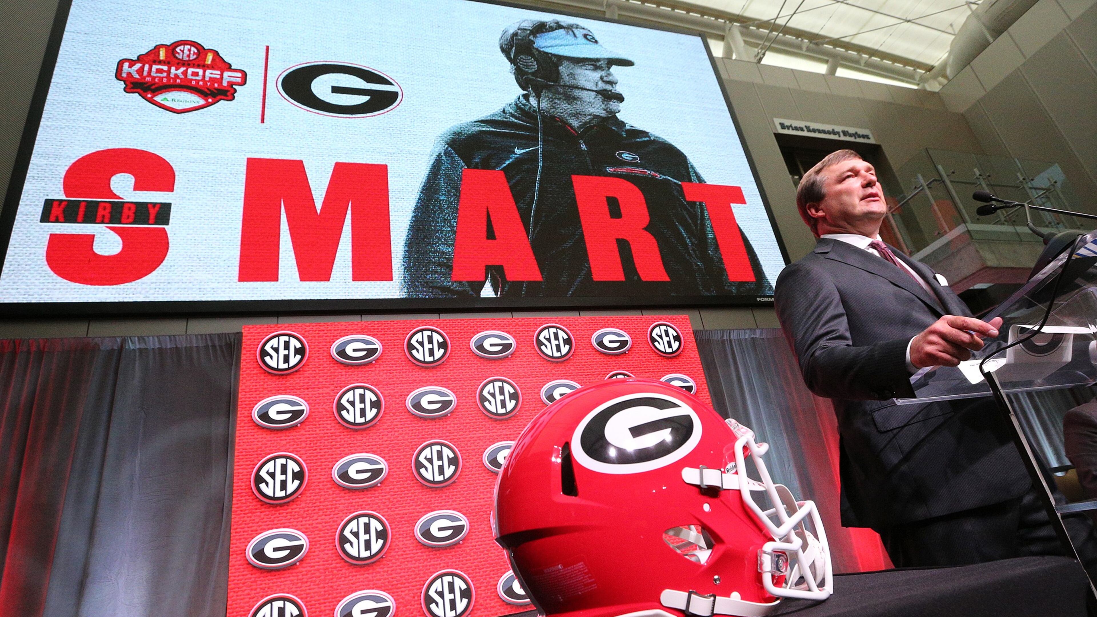 July 17, 2018 Atlanta: Georgia head coach Kirby Smart holds his SEC Media Days press conference at the College Football Hall of Fame on Tuesday, July 17, 2018, in Atlanta. Curtis Compton/ccompton@ajc.com