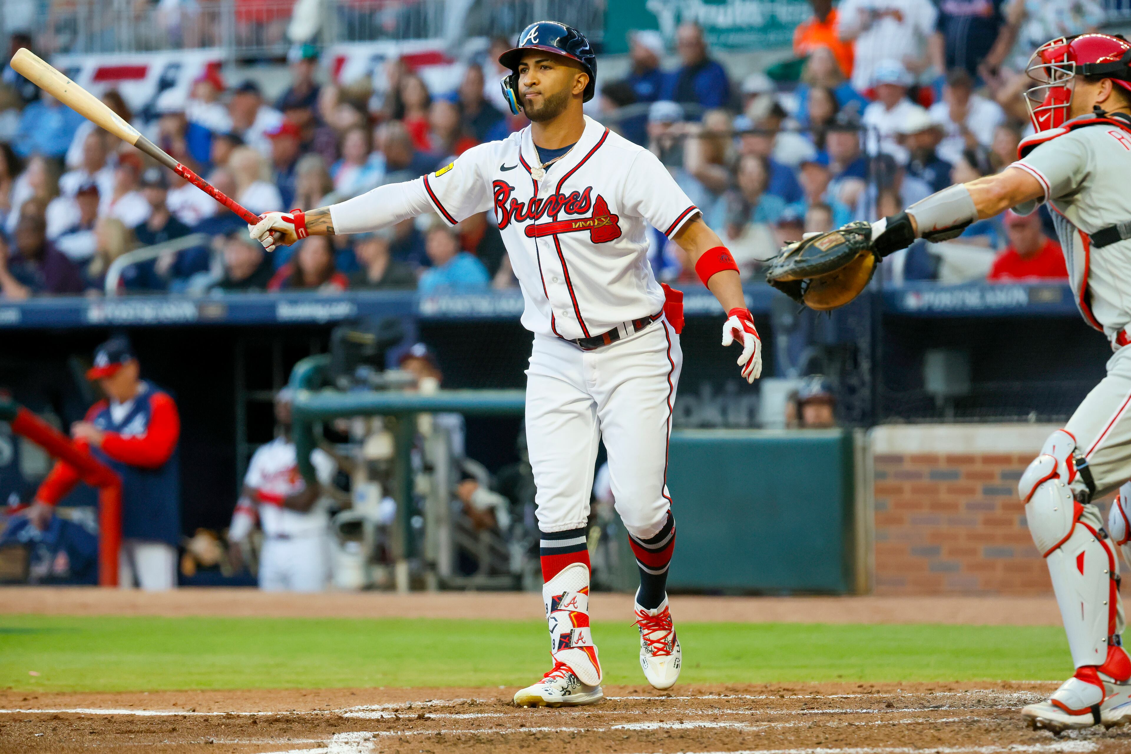 Atlanta Braves’ Eddie Rosario strikes out against Philadelphia Phillies starting pitcher Zack Wheeler during the second inning of the NLDS Game 2 In Atlanta on Monday, Oct. 9, 2023. (Miguel Martinez / Miguel.Martinezjimenez@ajc.com)