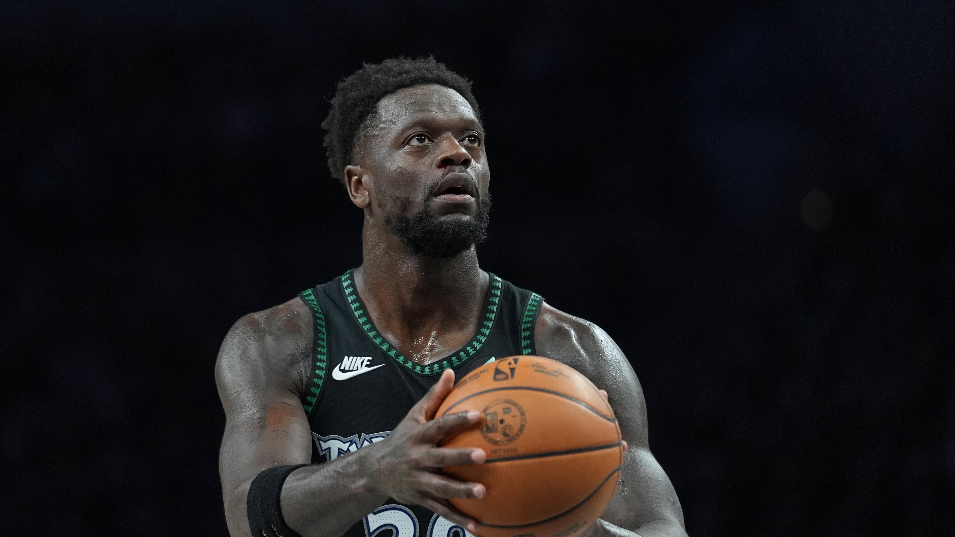 FILE - Minnesota Timberwolves forward Julius Randle shoots during the first half of Game 3 of a NBA basketball second-round playoff series against the San Antonio Spurs, May 8, 2026, in Minneapolis. (AP Photo/Abbie Parr, File)