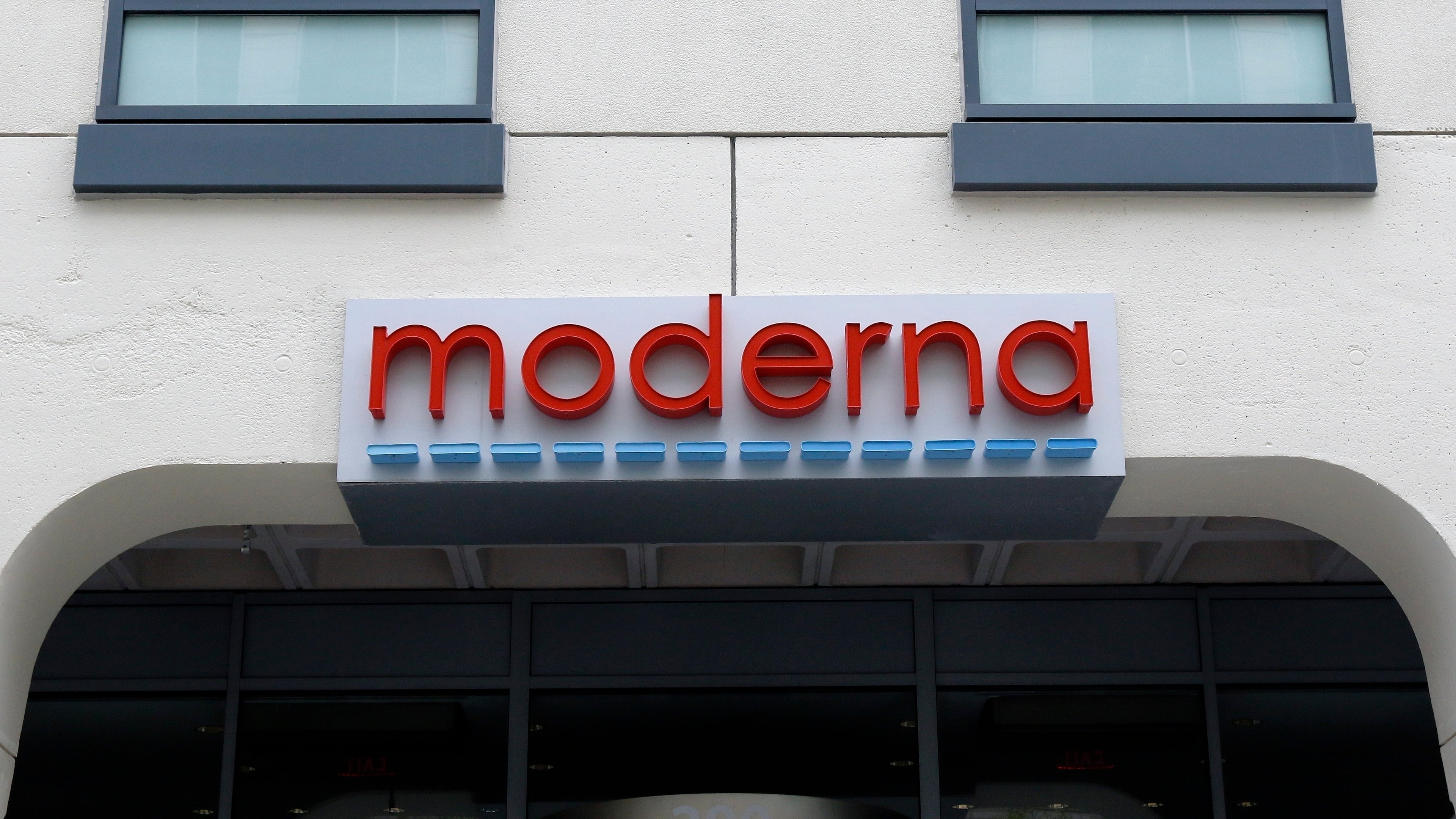 FILE - A sign marks an entrance to a Moderna building in Cambridge, Mass., May 18, 2020. (AP Photo/Bill Sikes, File)prnto