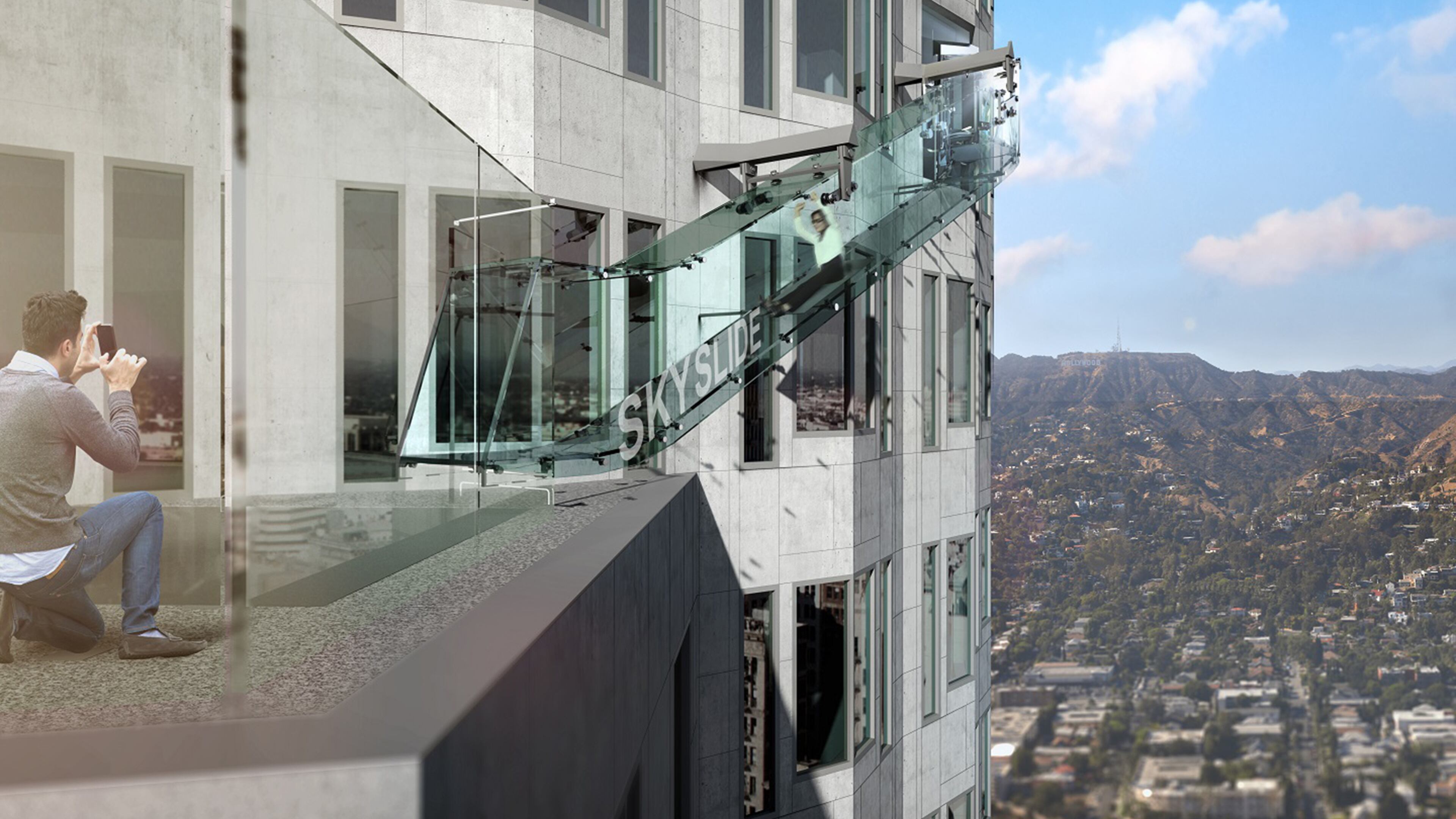 A rendering of Skyslide, a glass chute scheduled to debut at LA’s U.S. Bank Tower in June. (Photo courtesy OUE Skyspace/TNS)